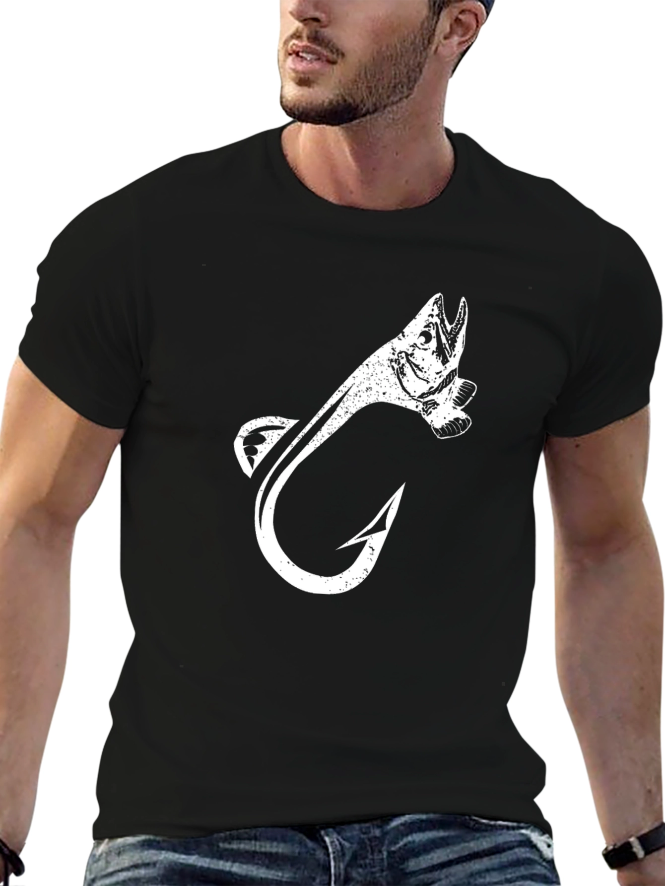Fishing Hook Fish Graphic Tee - Black Cotton