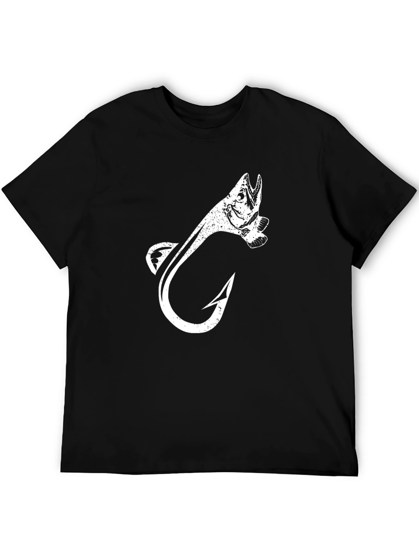 Fishing Hook Fish Graphic Tee - Black Cotton