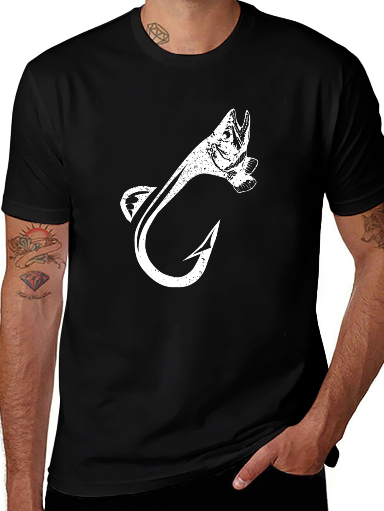 Fishing Hook Fish Graphic Tee - Black Cotton