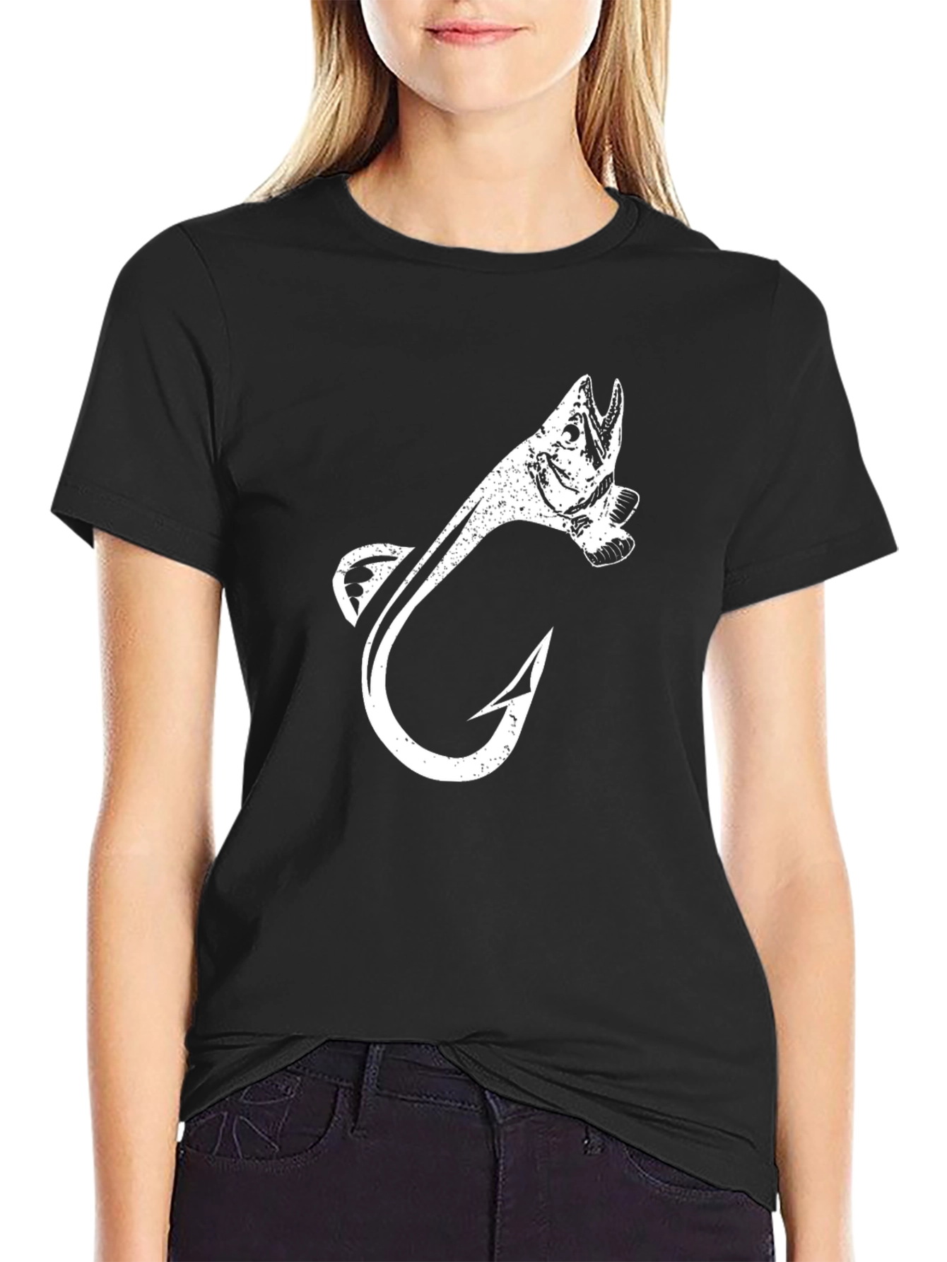 Fishing Hook Fish Graphic Tee - Black Cotton