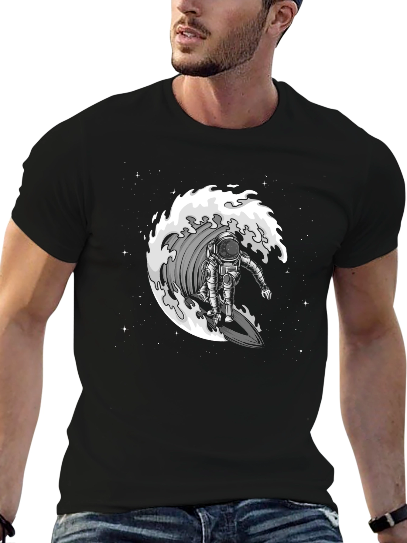 Astronaut Surfing Wave Graphic T-Shirt - Black