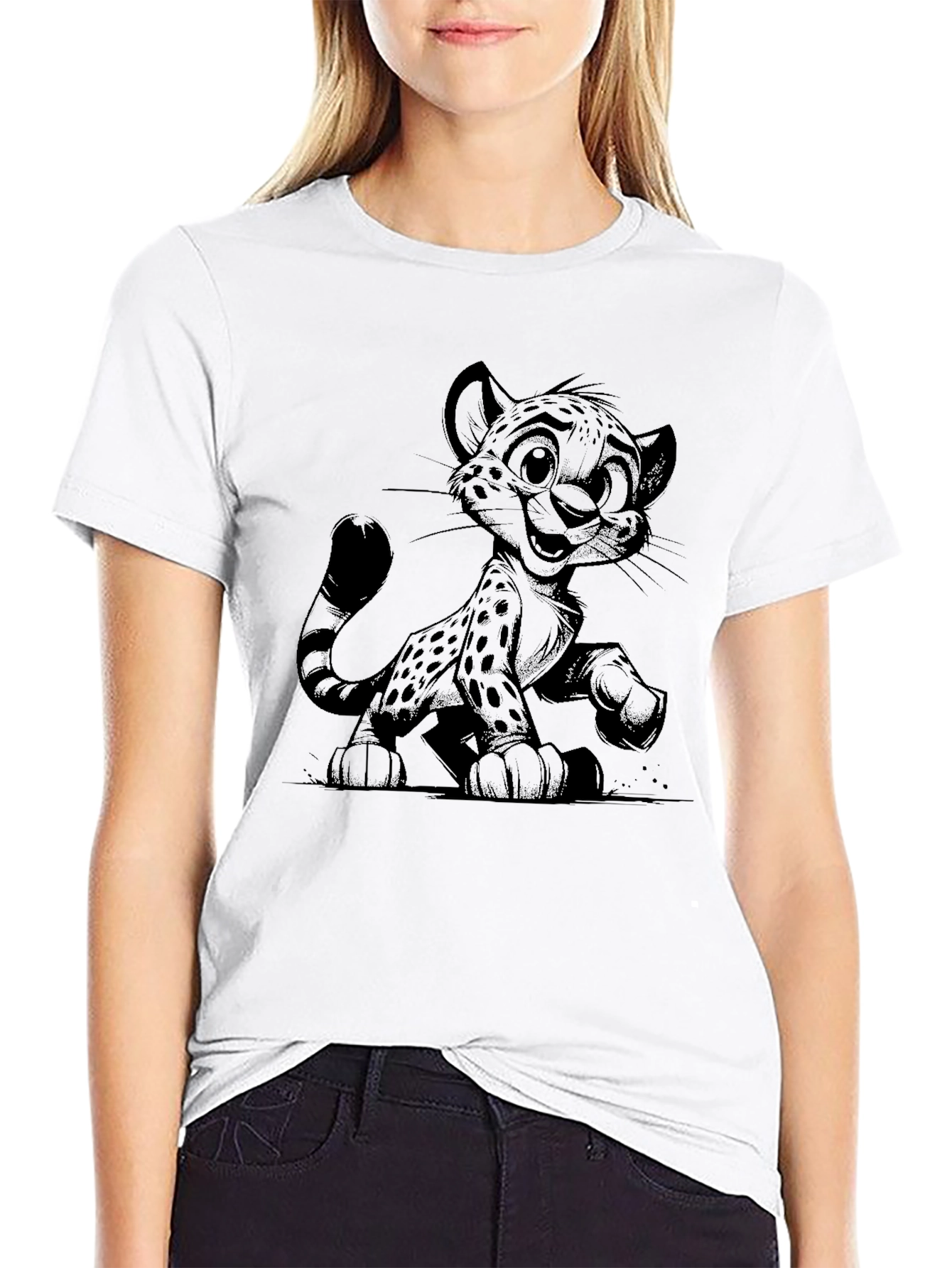 Cute Cheetah Graphic Black T-Shirt
