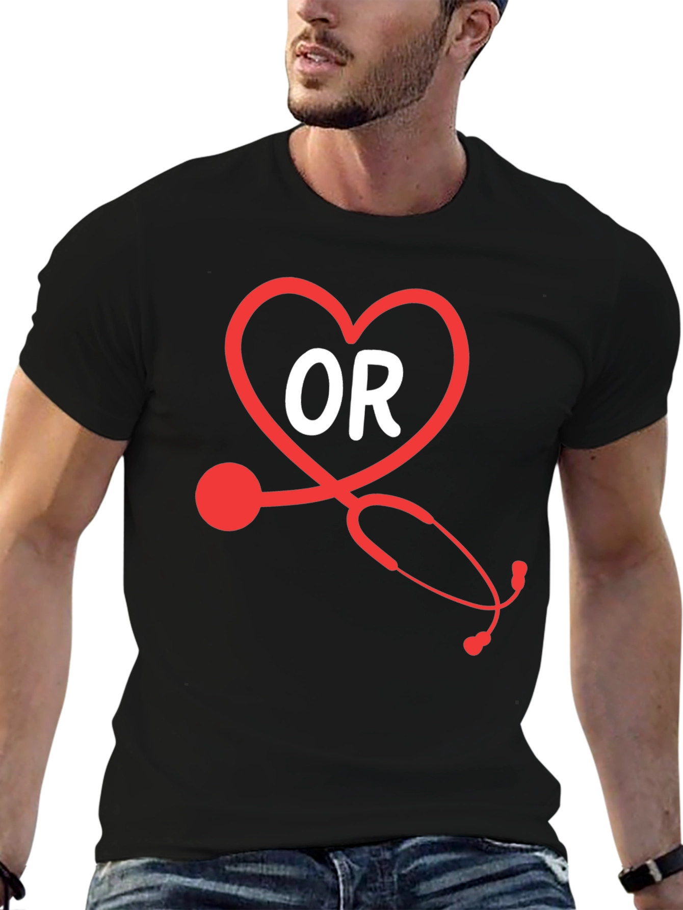OR Nurse Heart Stethoscope Black T-Shirt