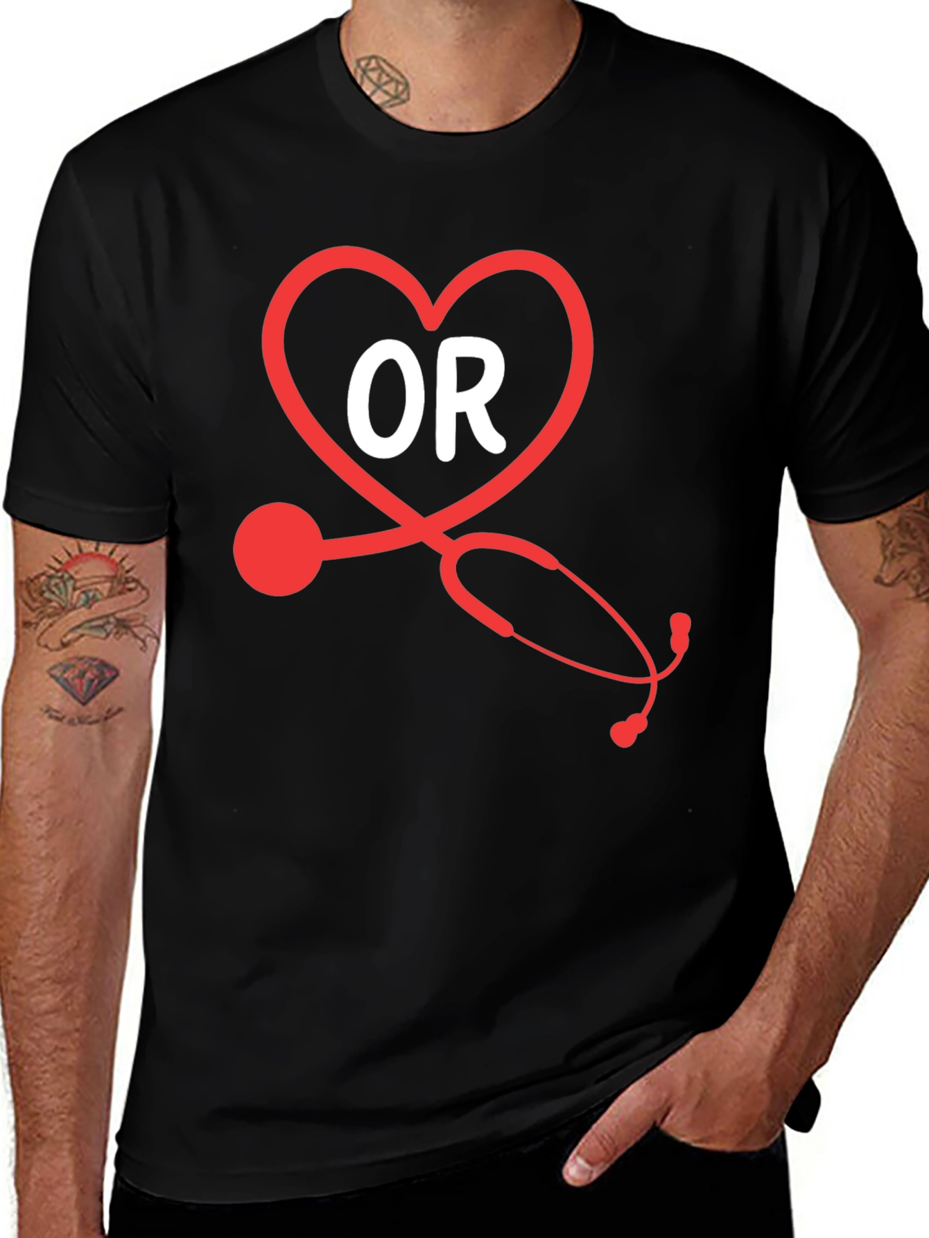 OR Nurse Heart Stethoscope Black T-Shirt