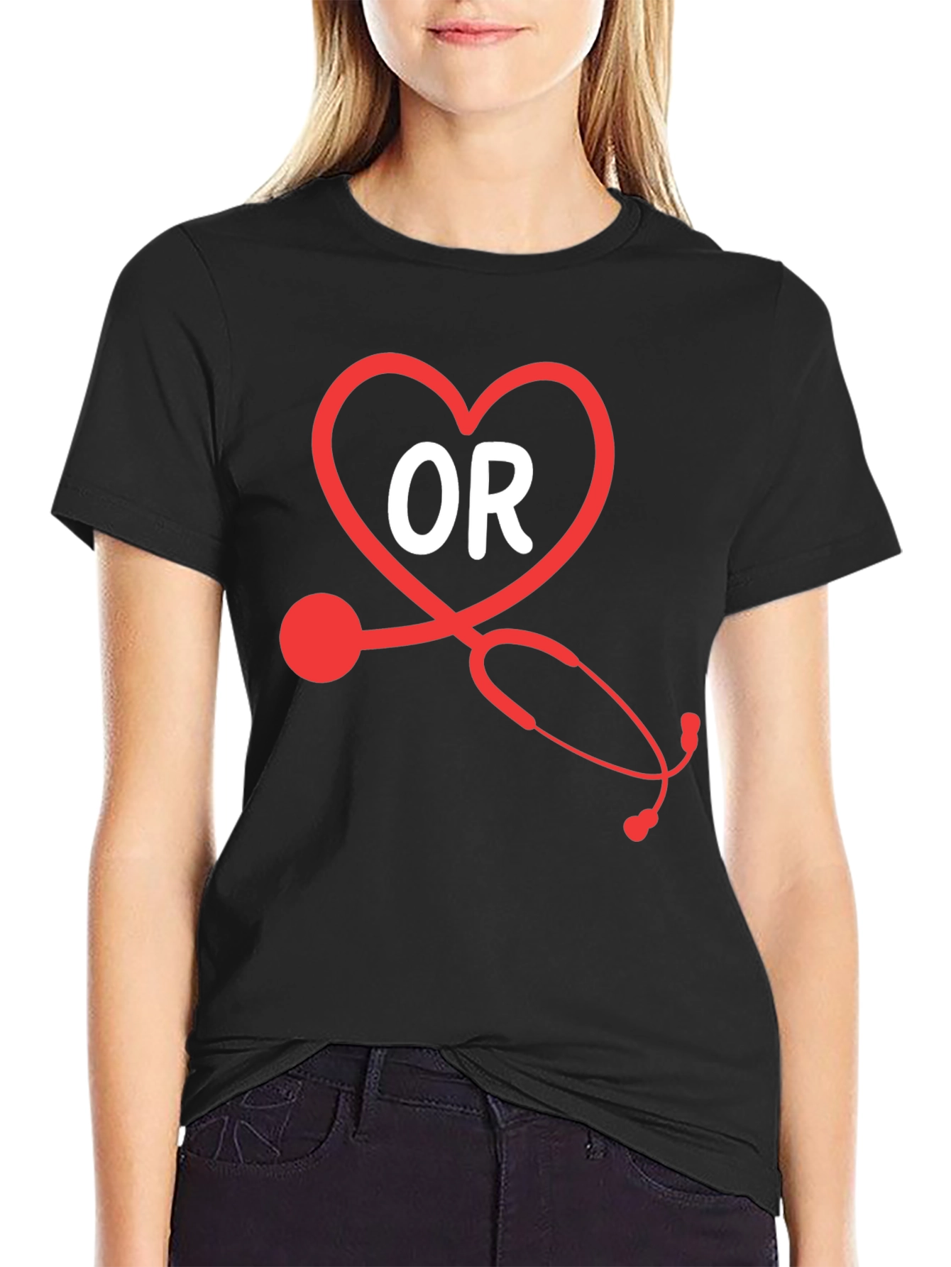 OR Nurse Heart Stethoscope Black T-Shirt