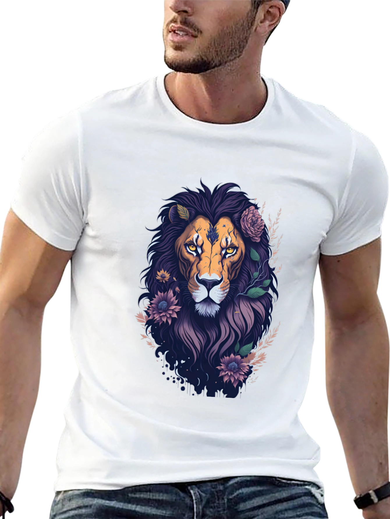 Floral Lion Graphic Tee - Black Cotton T-Shirt