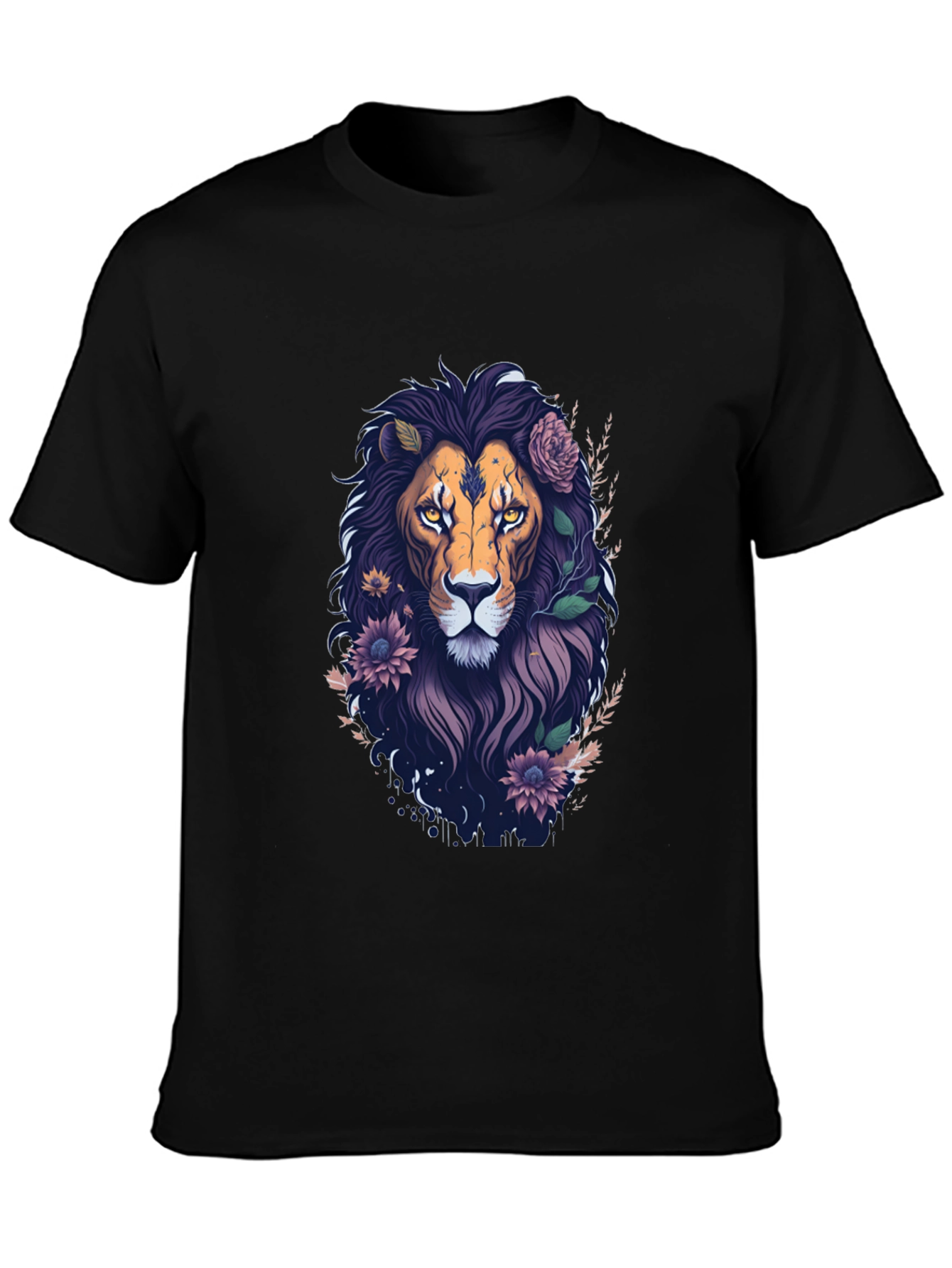 Floral Lion Graphic Tee - Black Cotton T-Shirt