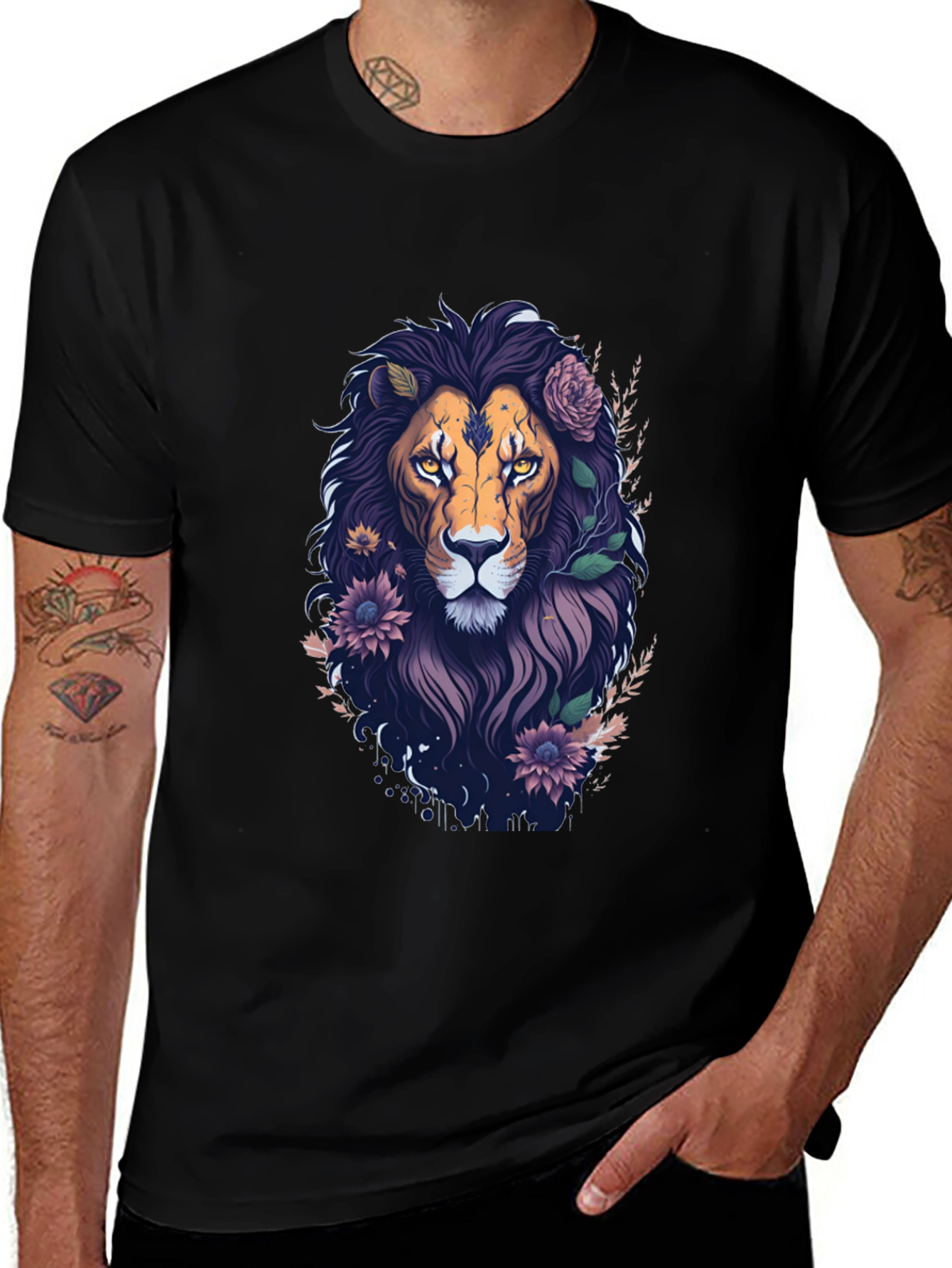 Floral Lion Graphic Tee - Black Cotton T-Shirt