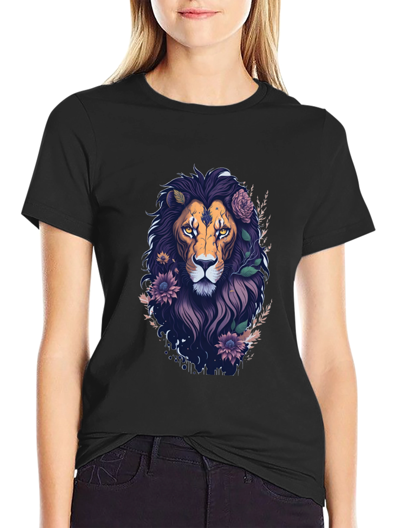 Floral Lion Graphic Tee - Black Cotton T-Shirt