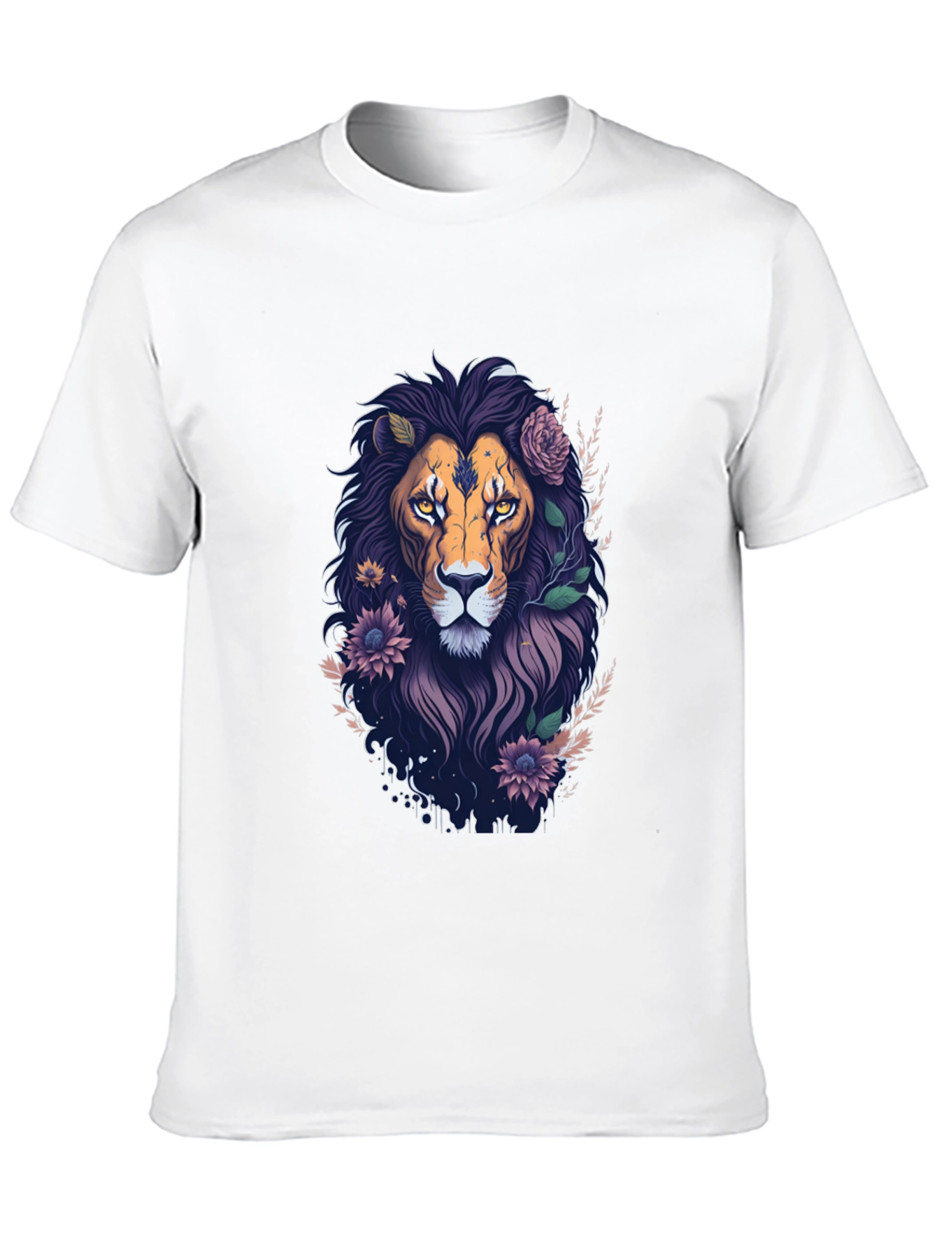 Floral Lion Graphic Tee - Black Cotton T-Shirt