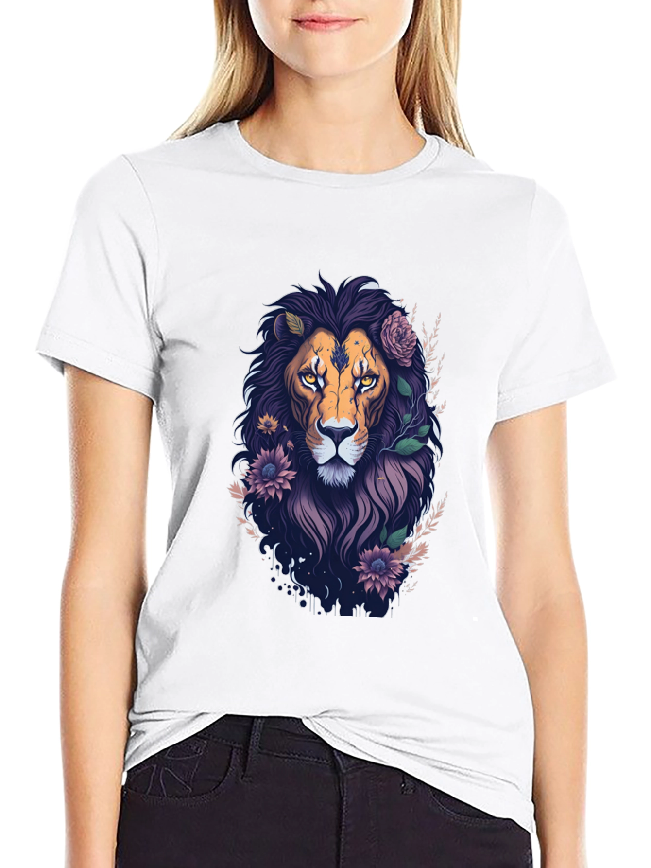 Floral Lion Graphic Tee - Black Cotton T-Shirt