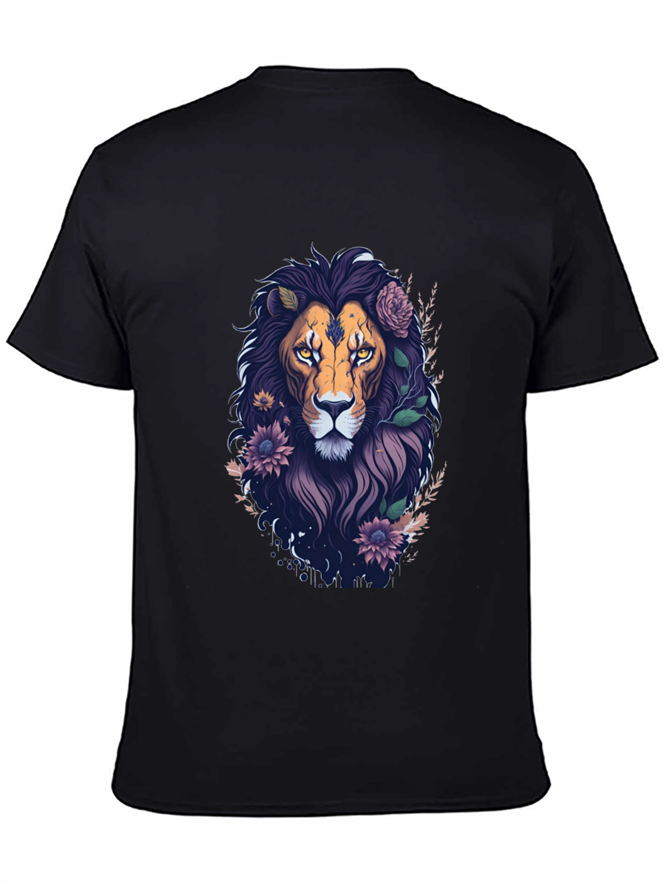 Floral Lion Graphic Tee - Black Cotton T-Shirt