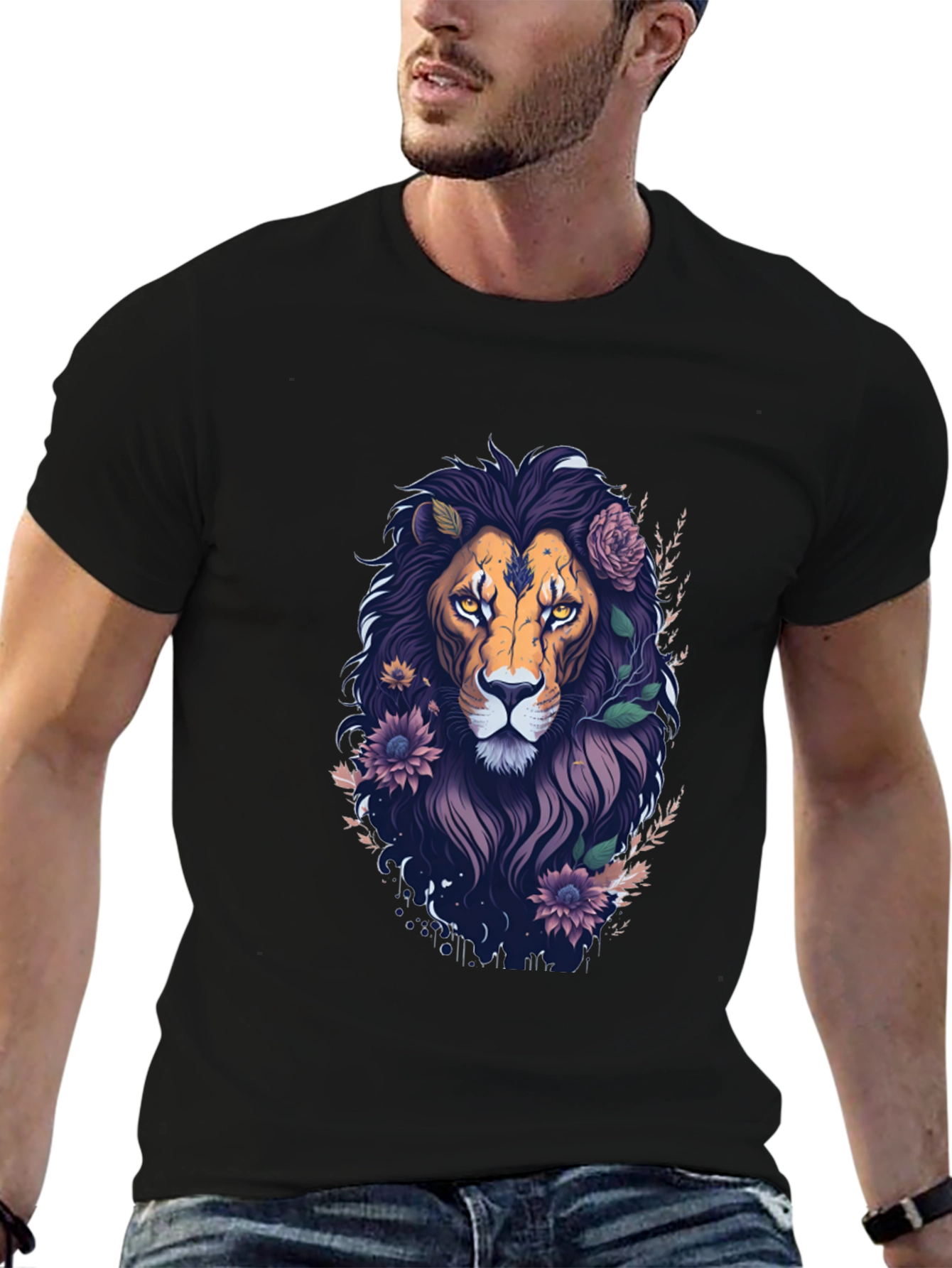 Floral Lion Graphic Tee - Black Cotton T-Shirt