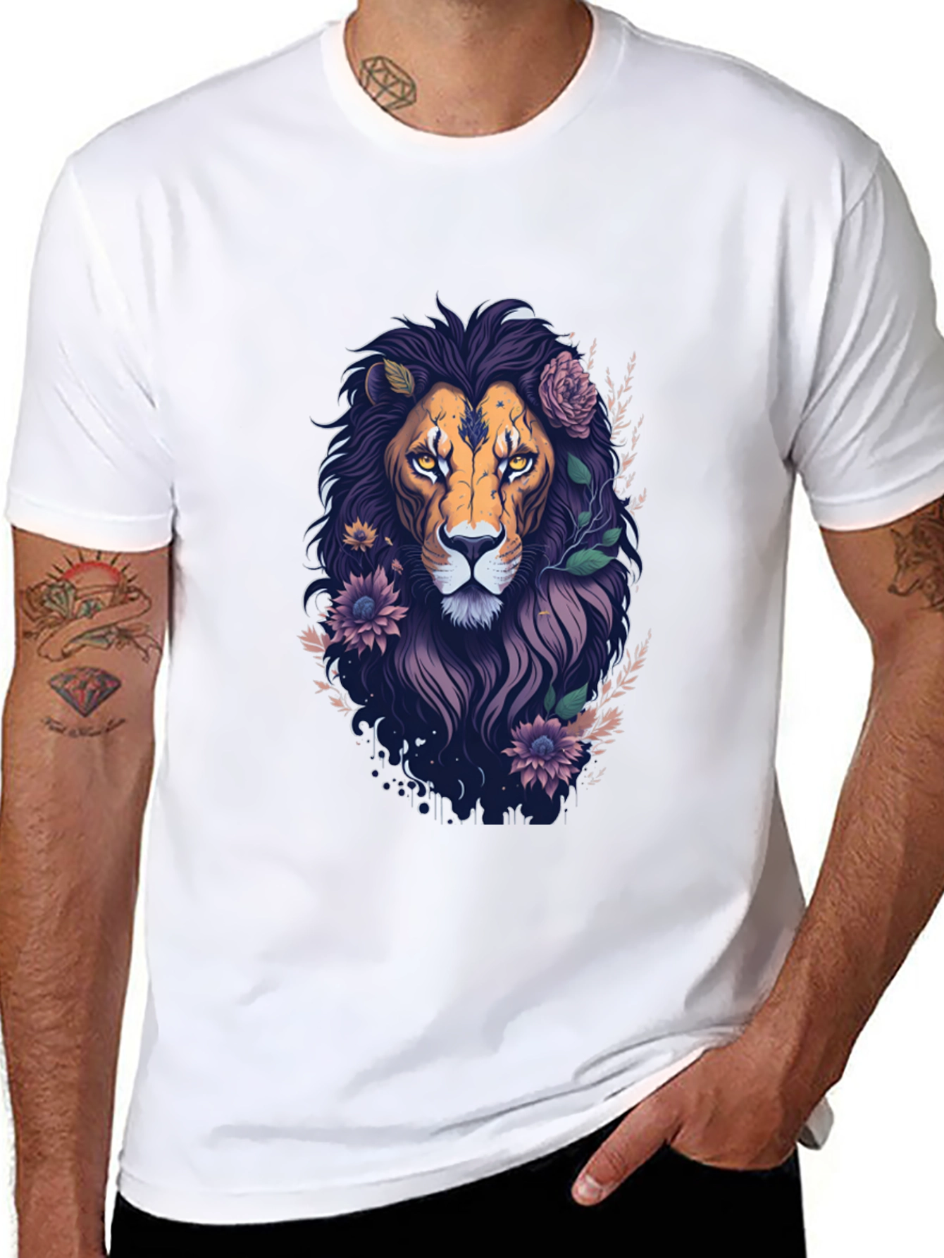 Floral Lion Graphic Tee - Black Cotton T-Shirt