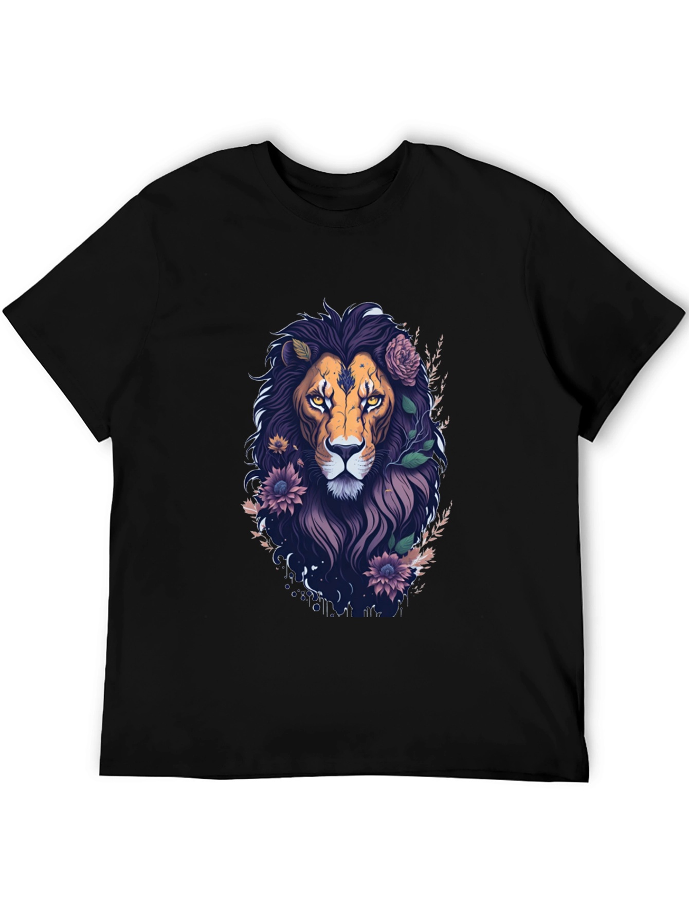 Floral Lion Graphic Tee - Black Cotton T-Shirt