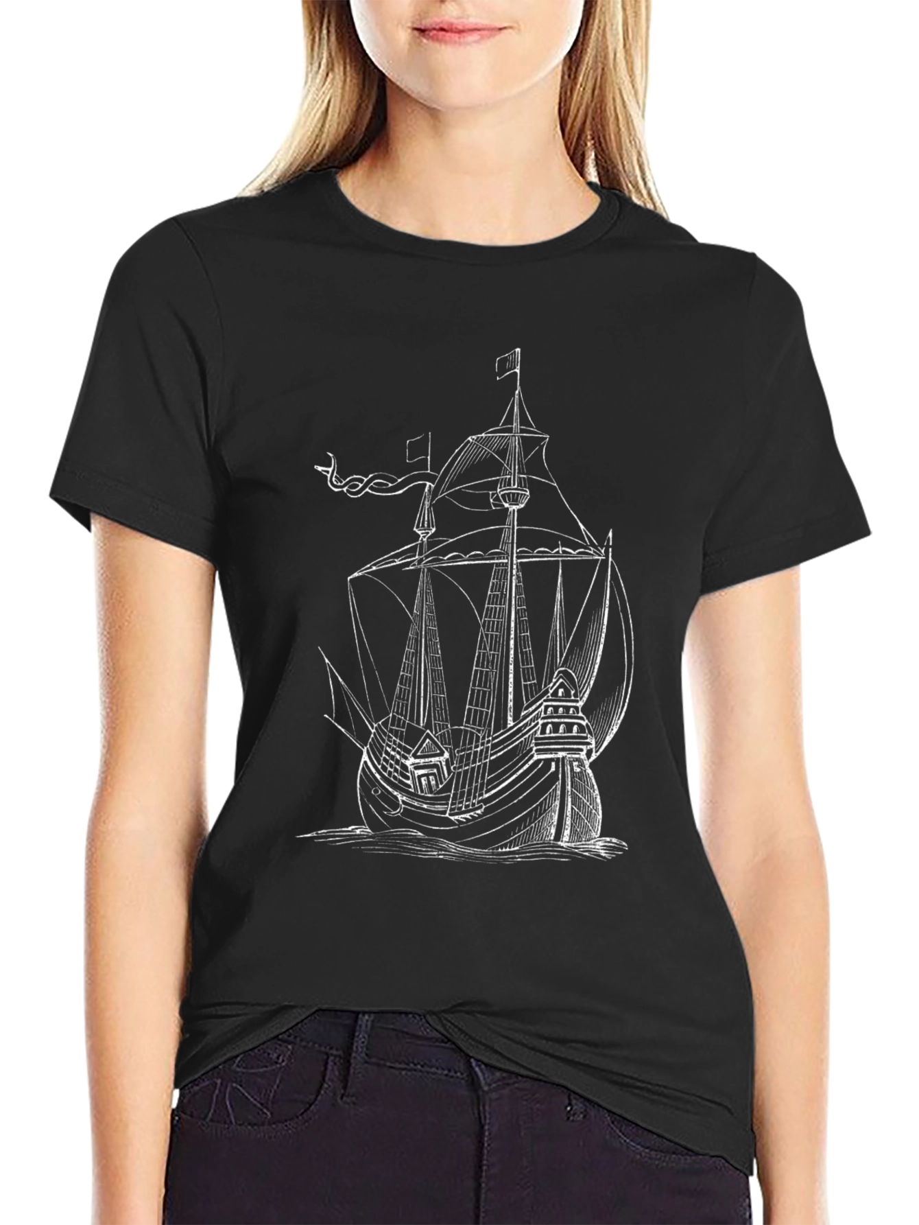 Nautical Ship Graphic Tee - Black Cotton Blend