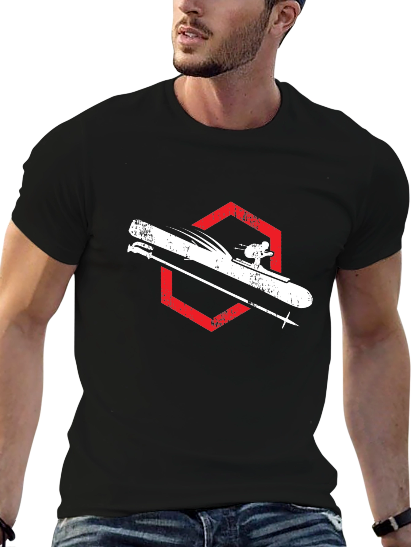 Skiing Graphic Tee - Black Cotton Shirt