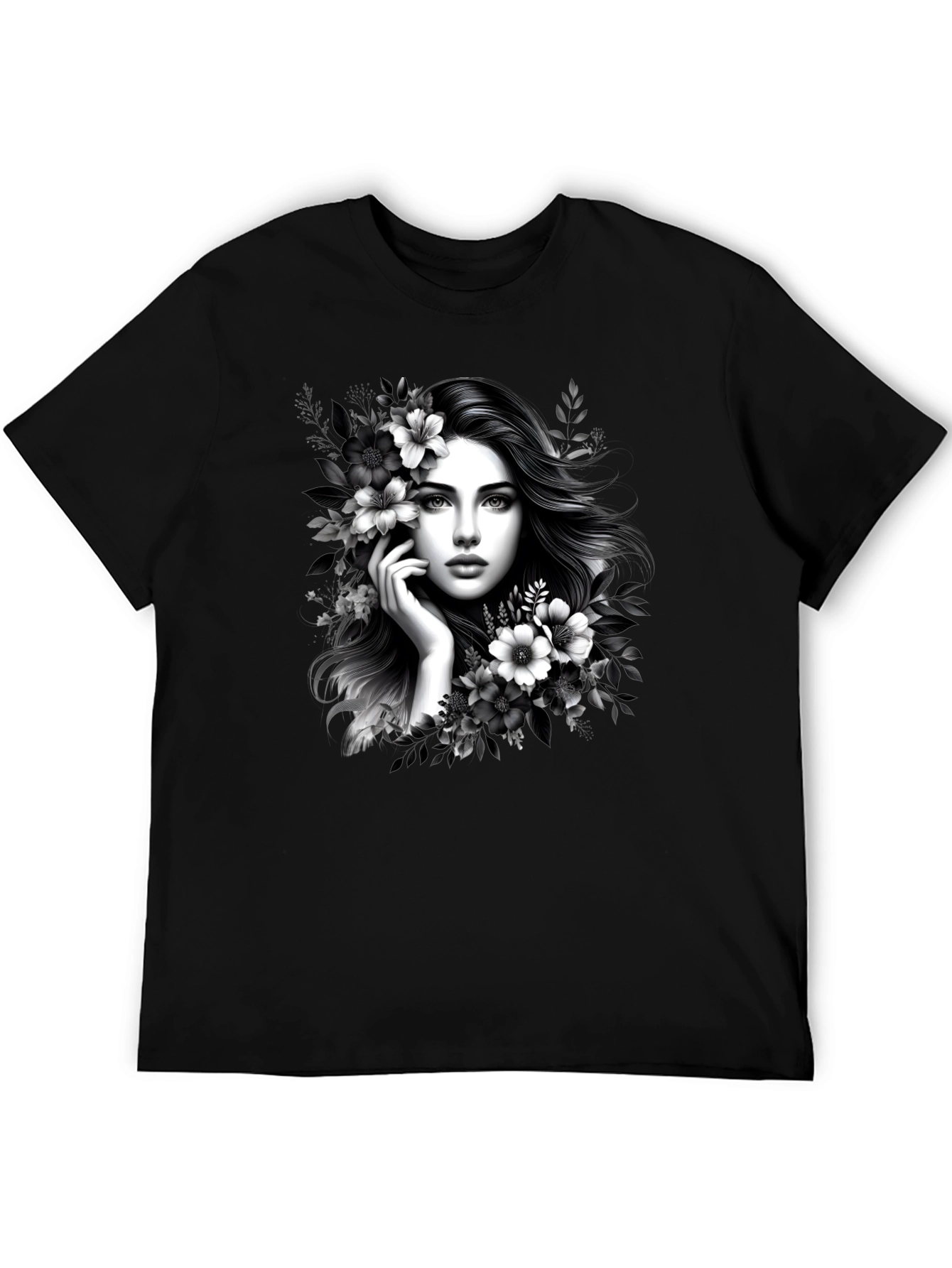 Elegant Woman Floral T-Shirt - Black