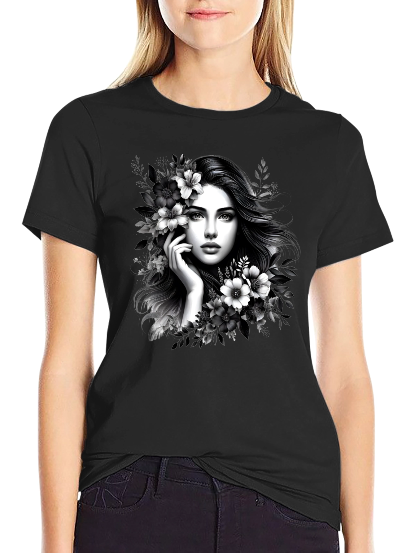 Elegant Woman Floral T-Shirt - Black