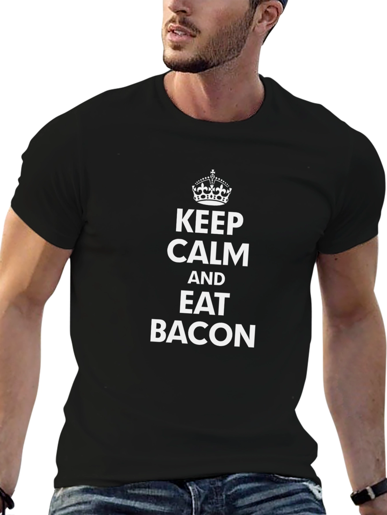 Keep Calm and Eat Bacon Black T-Shirt
