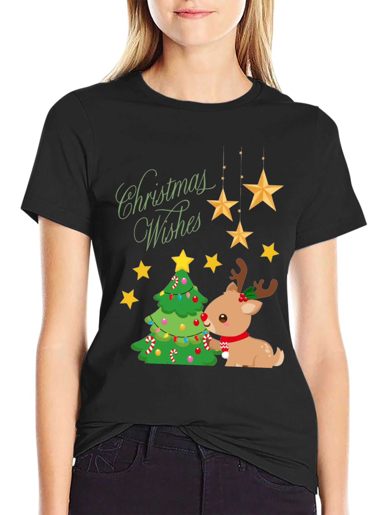 Festive Christmas Wishes T-Shirt with Reindeer