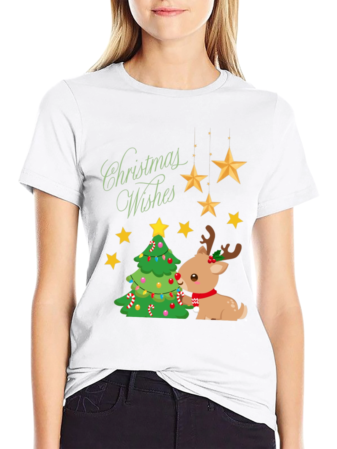 Festive Christmas Wishes T-Shirt with Reindeer
