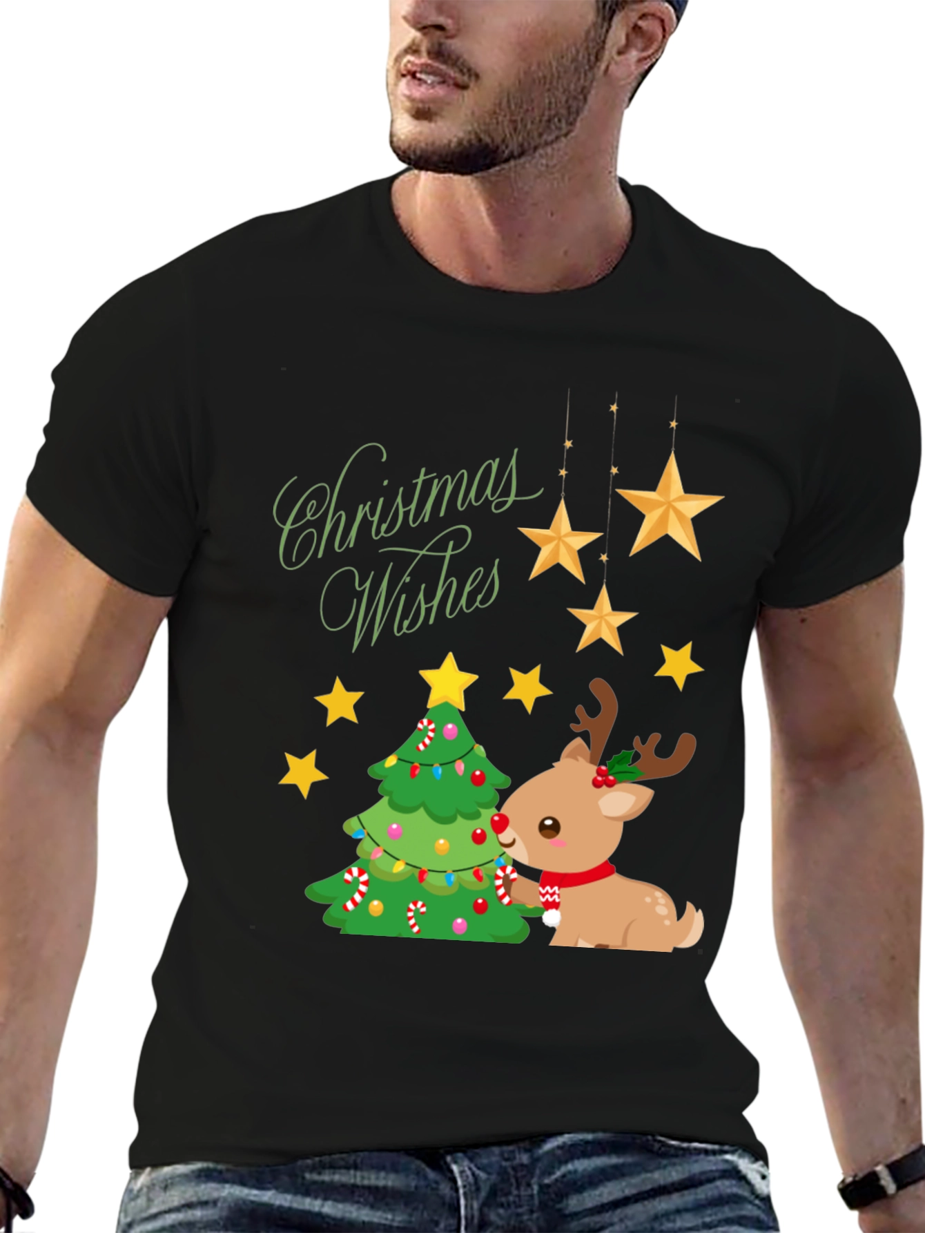 Festive Christmas Wishes T-Shirt with Reindeer