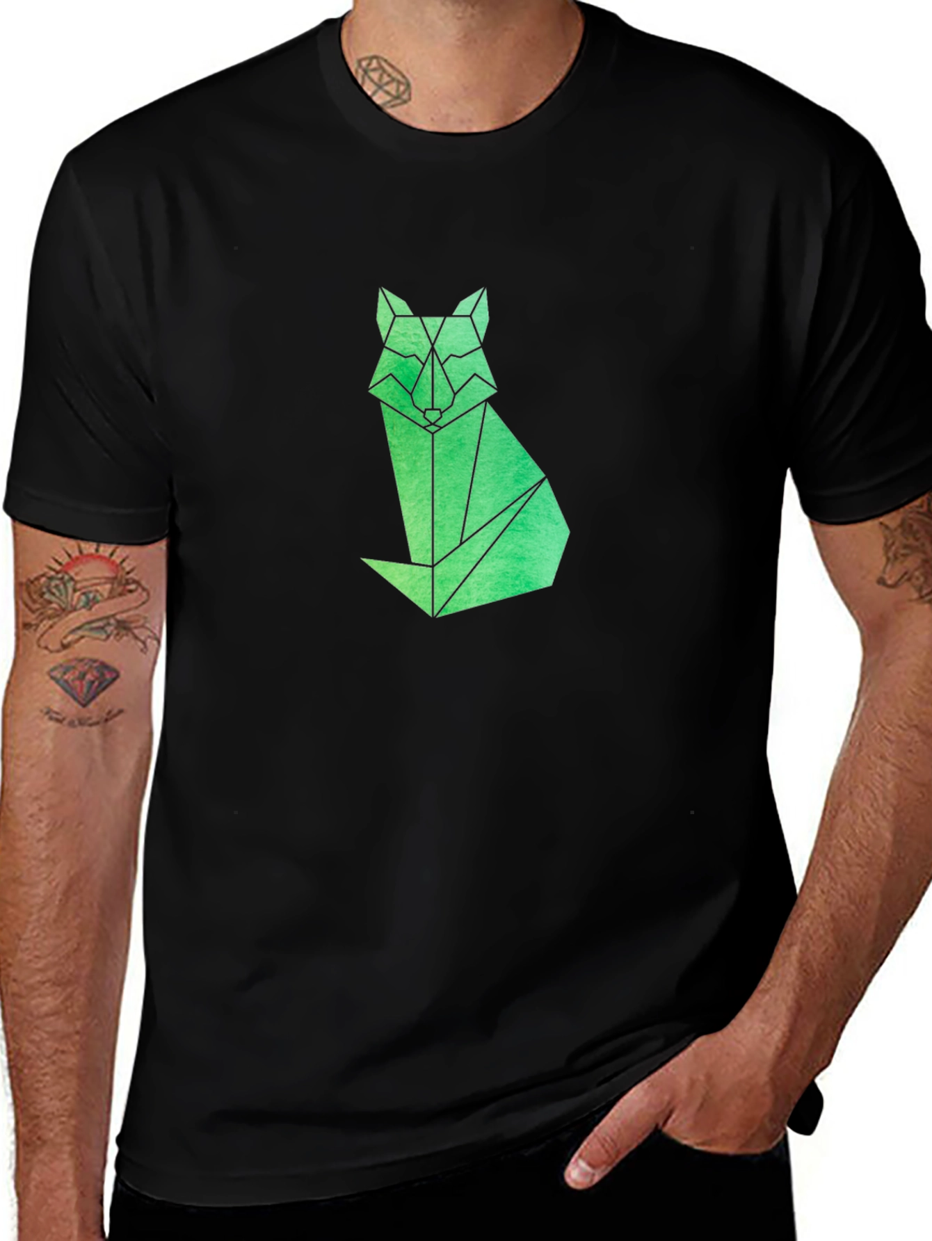 Geometric Fox Graphic Tee - Modern Mens Black T-Shirt