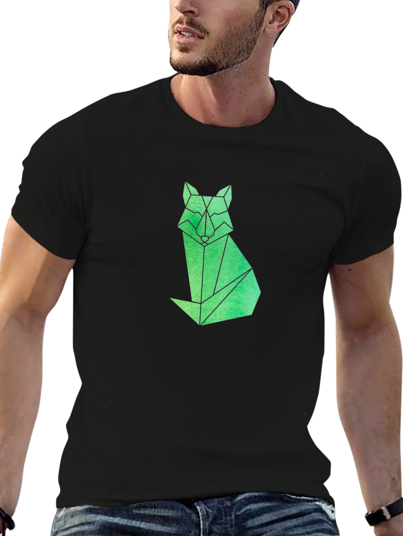 Geometric Fox Graphic Tee - Modern Mens Black T-Shirt