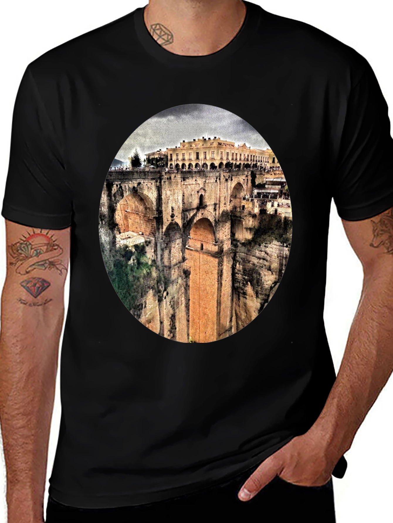 Ronda Bridge View Graphic Tee - Black Cotton T-Shirt