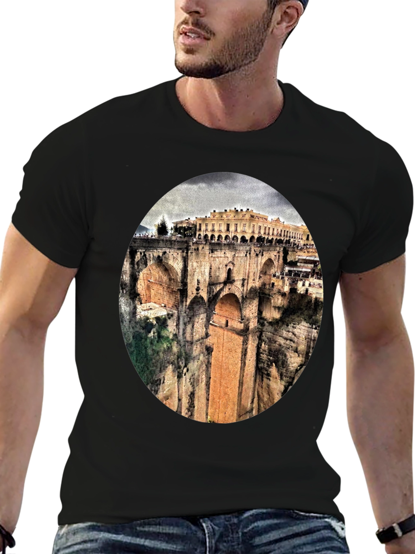 Ronda Bridge View Graphic Tee - Black Cotton T-Shirt