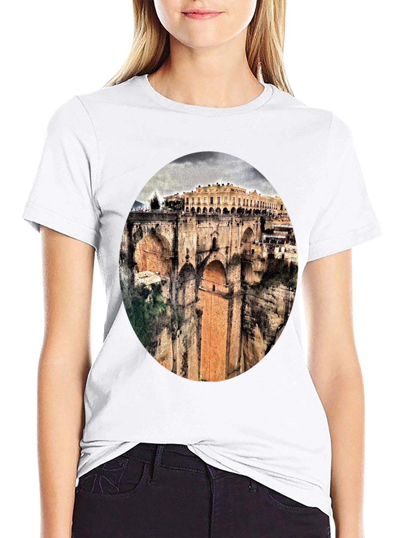 Ronda Bridge View Graphic Tee - Black Cotton T-Shirt