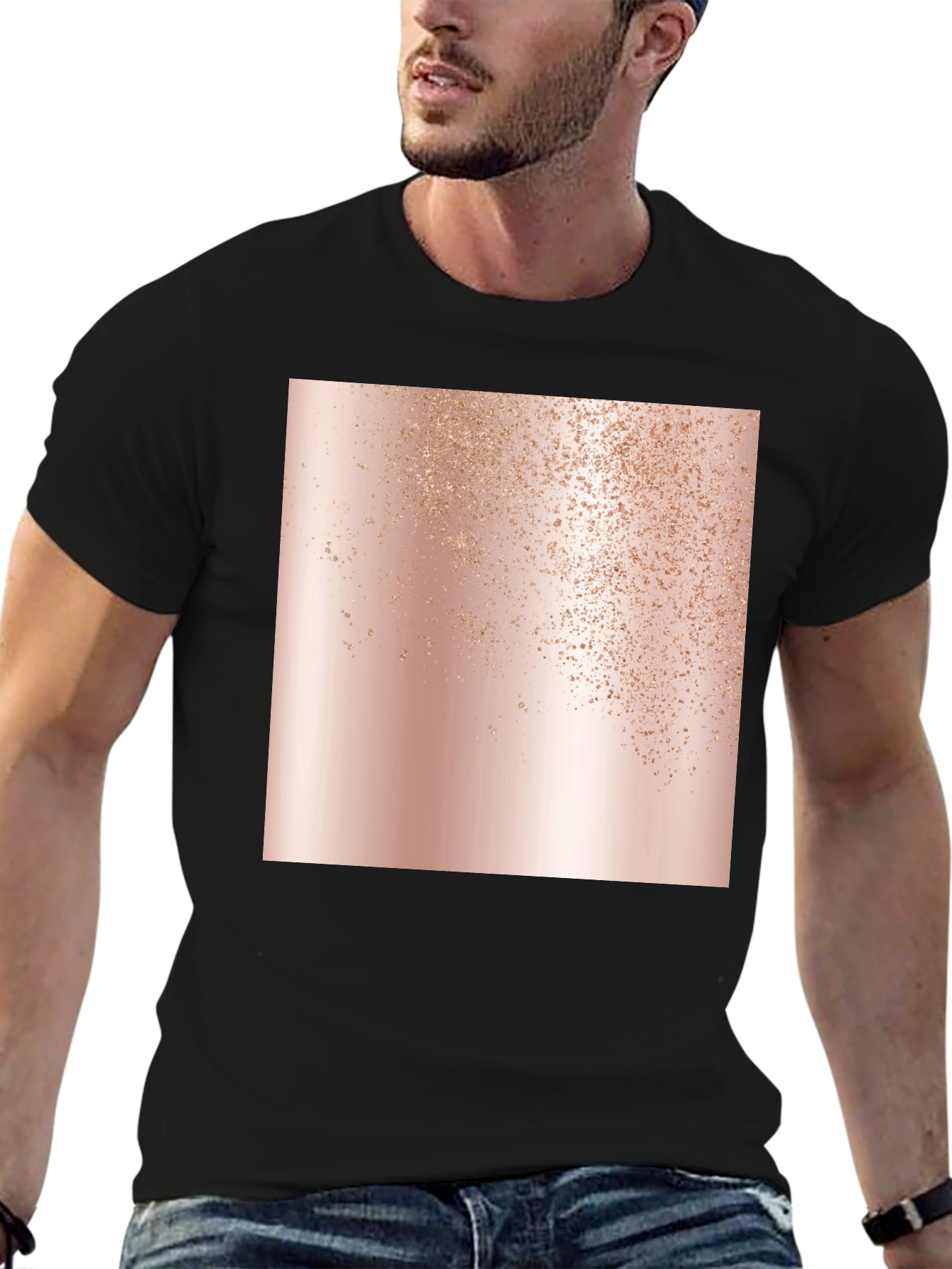 Stylish Black Tee with Abstract Rose Gold Graphic