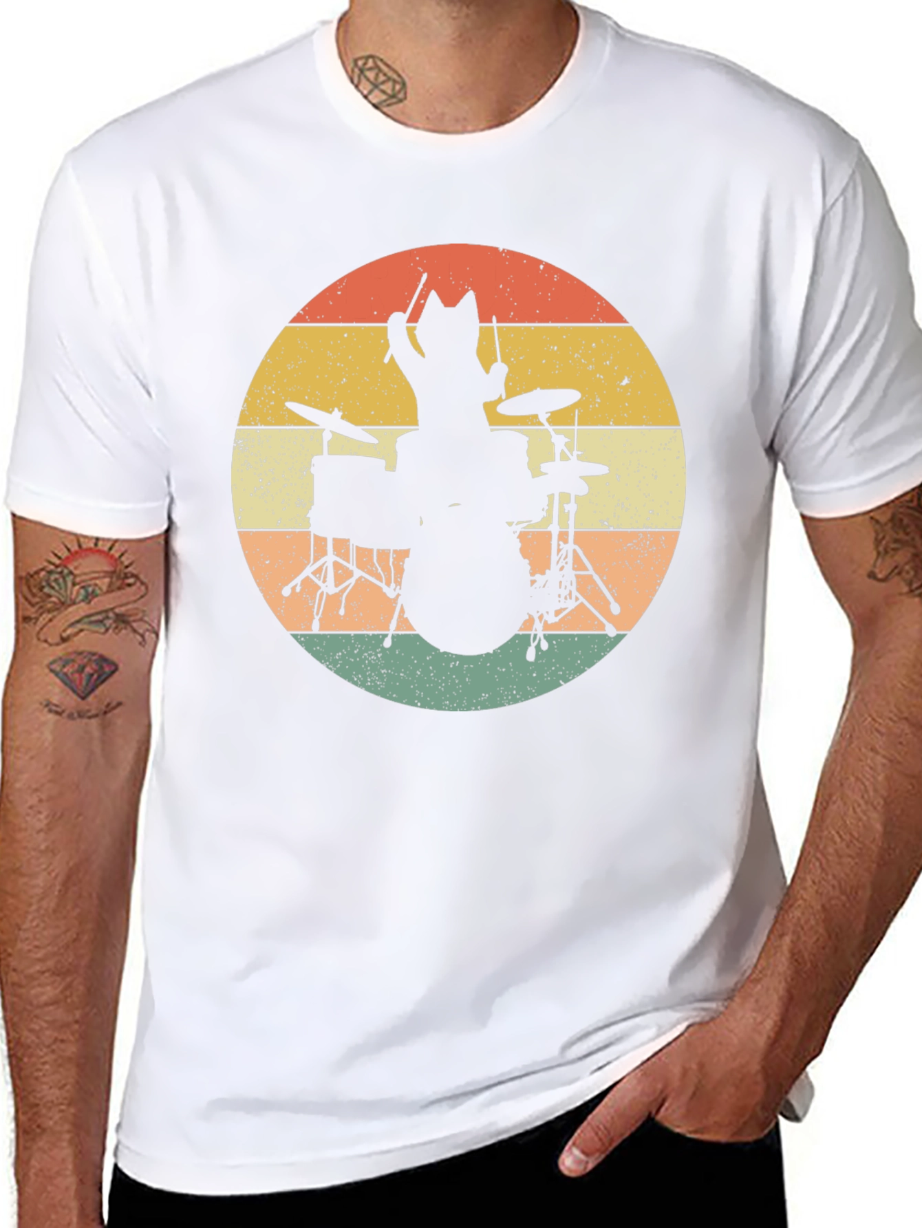 Cat Drummer T-Shirt - Retro Style Black Tee
