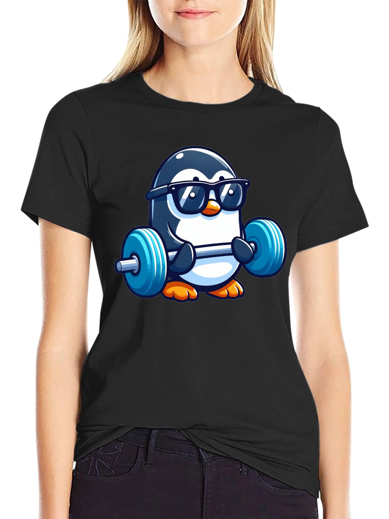 Penguin Lifting Weights Graphic Tee