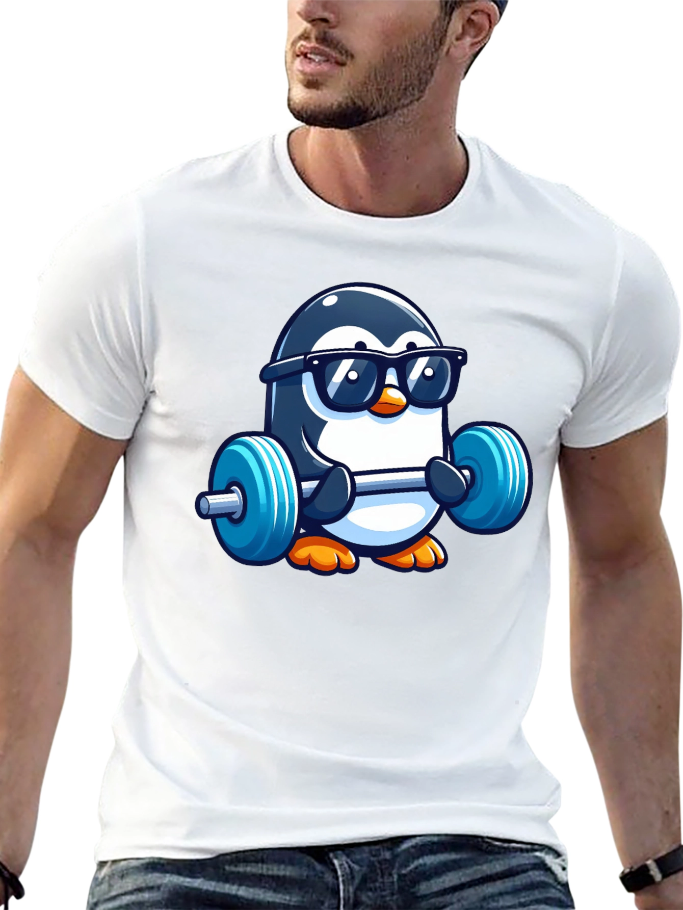 Penguin Lifting Weights Graphic Tee
