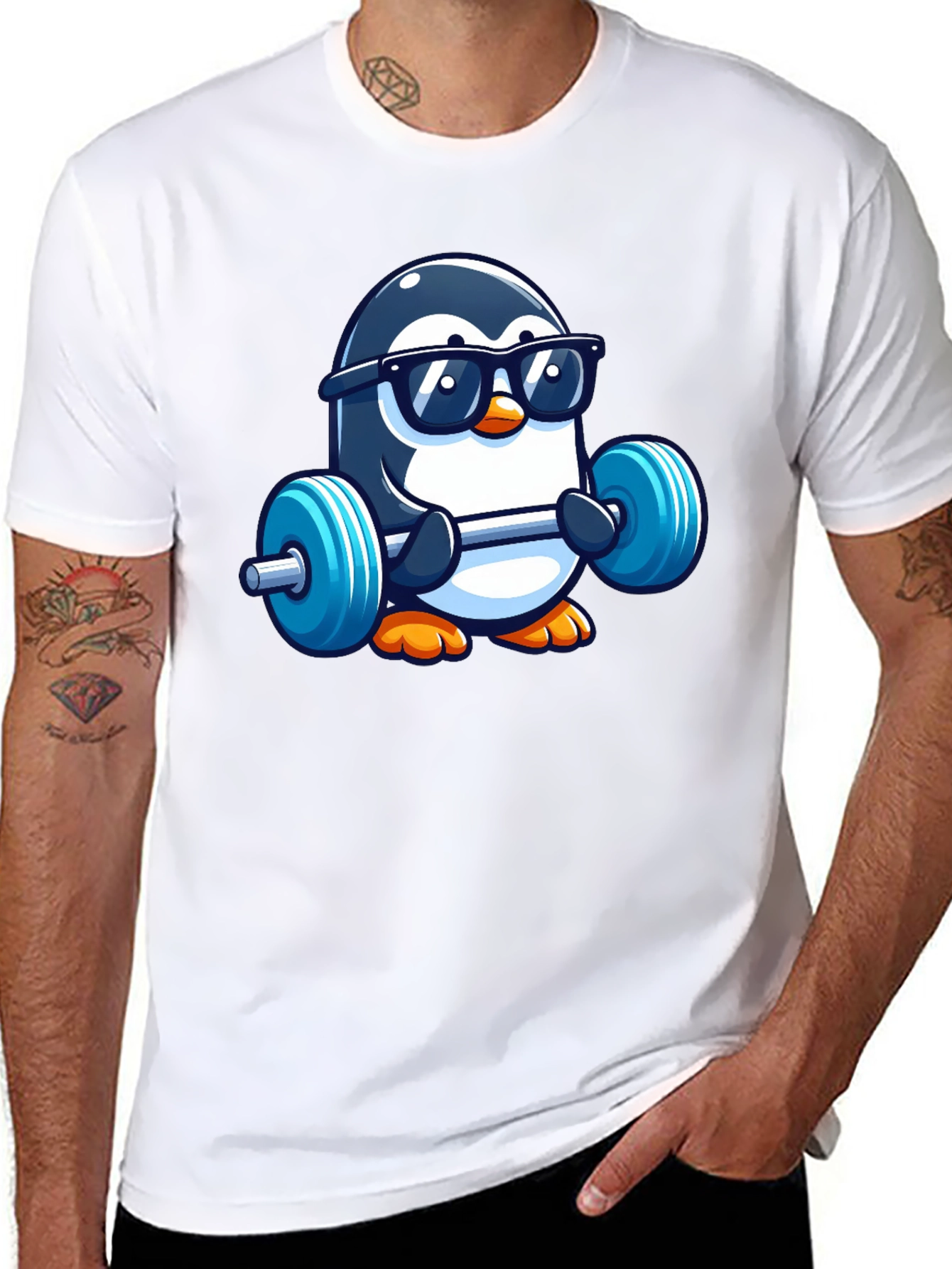 Penguin Lifting Weights Graphic Tee