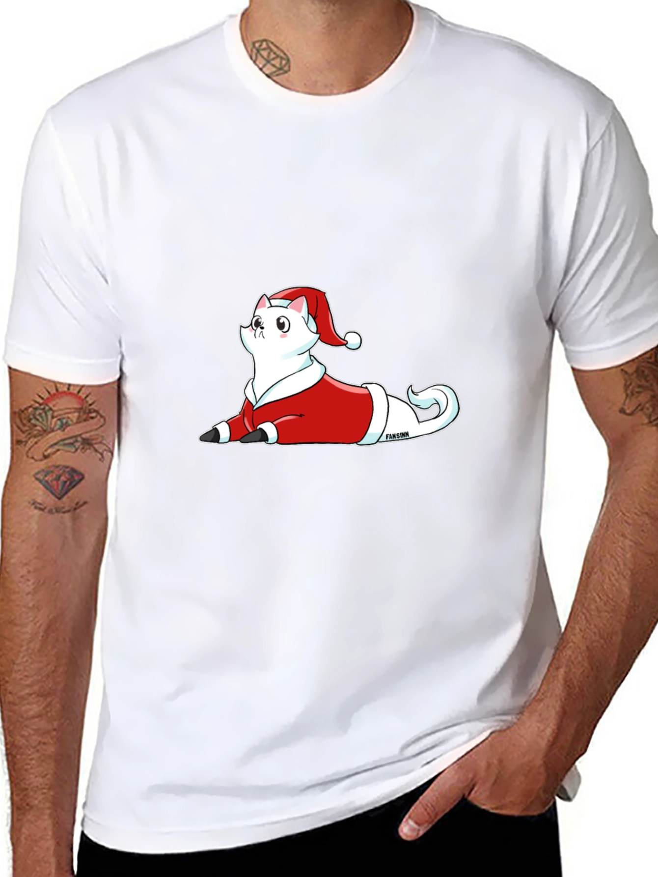 Festive Cat Santa T-Shirt - Black Cotton Tee