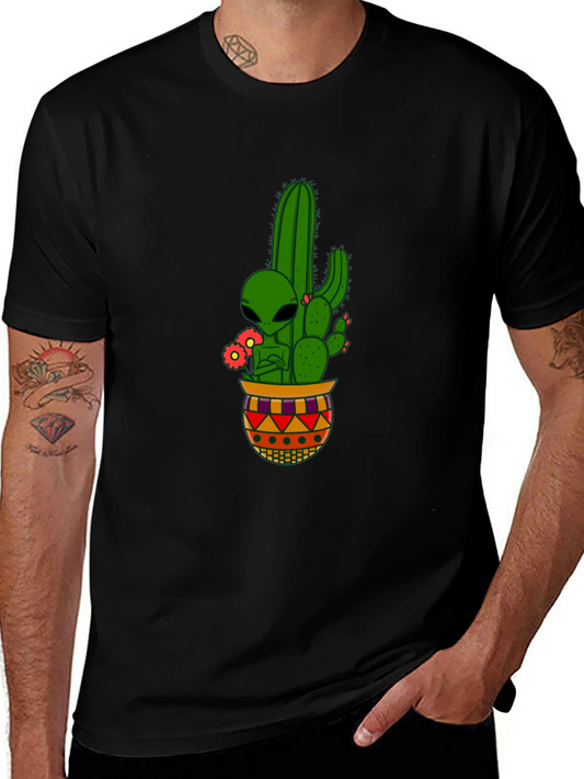 Alien in Cactus Pot Graphic Tee - Black Cotton T-Shirt