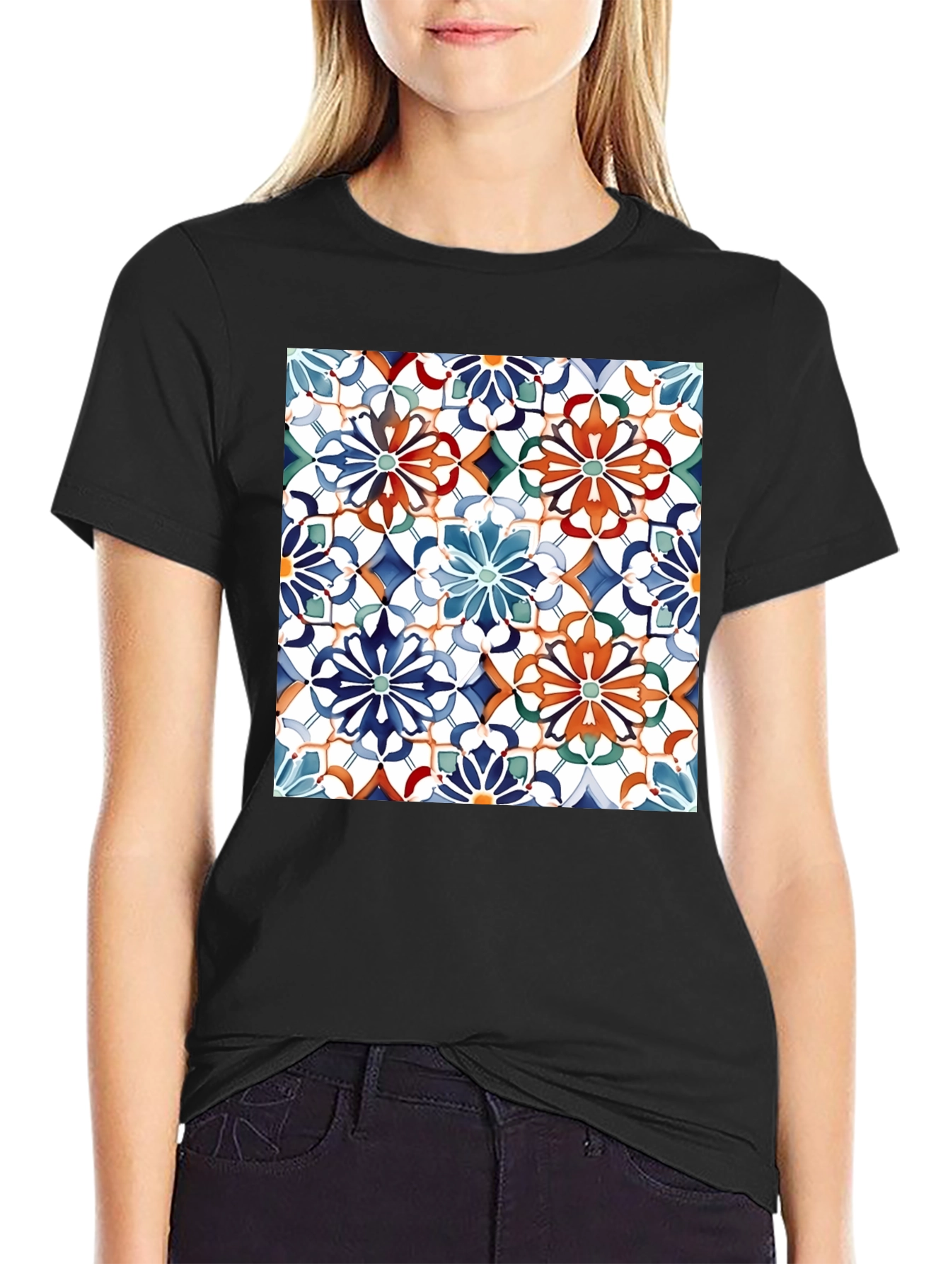 Floral Mosaic Print Black T-Shirt