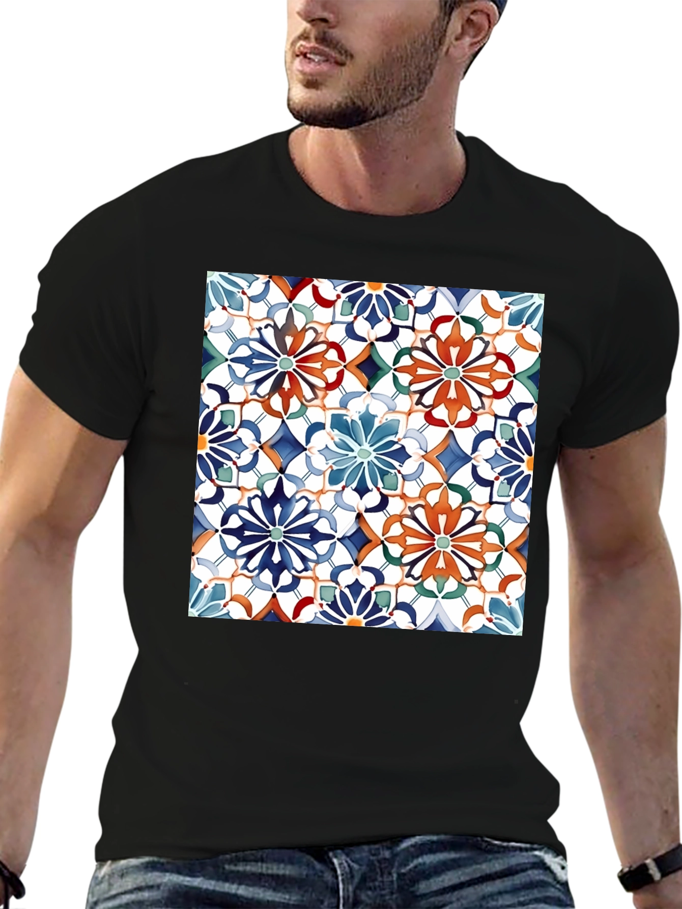 Floral Mosaic Print Black T-Shirt