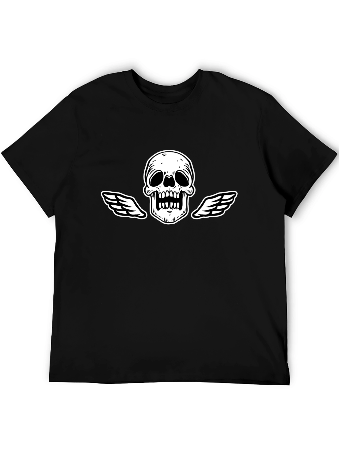 Black T-Shirt with Skull and Wings Graphic