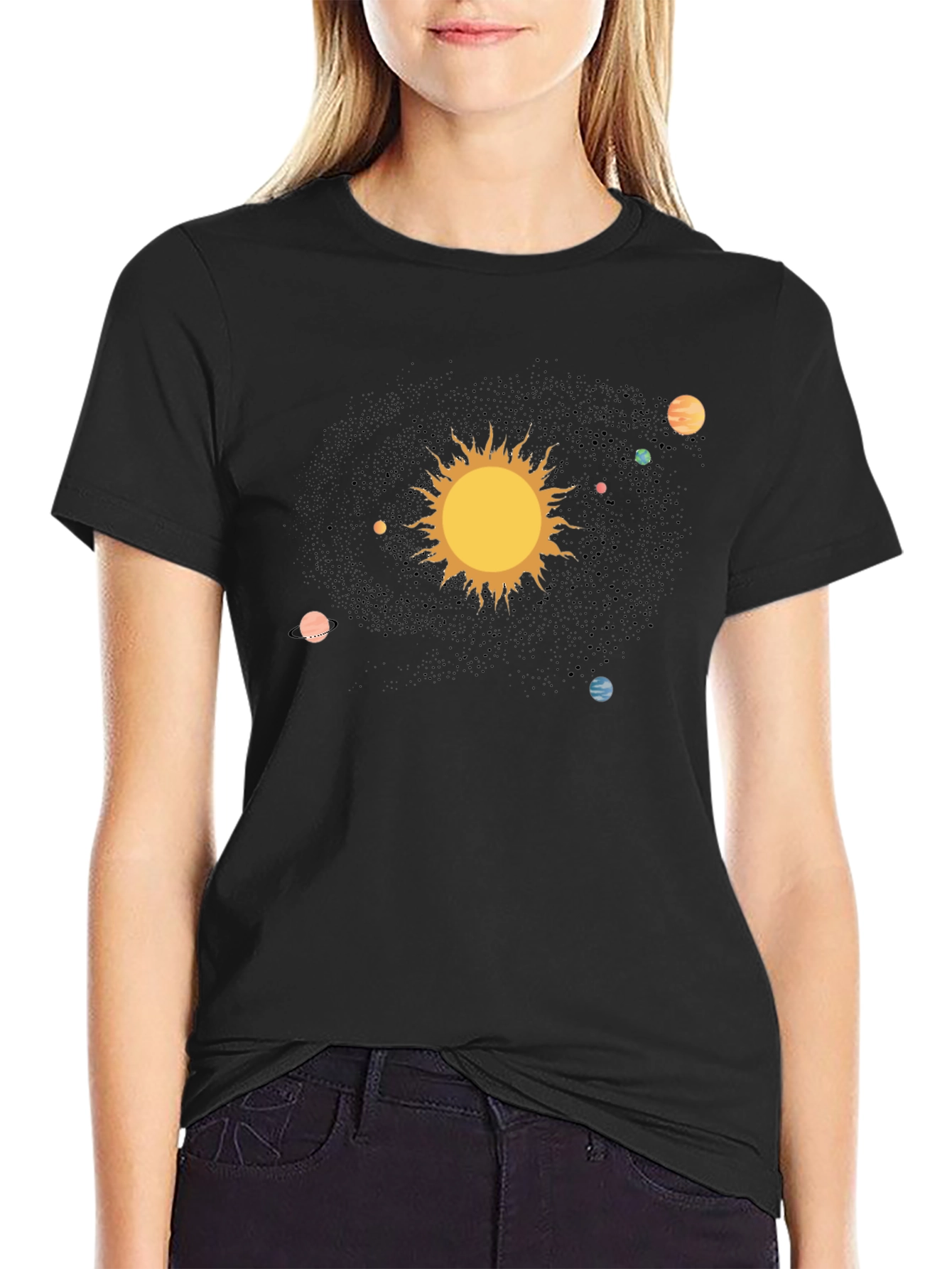 Solar System Graphic Print Black T-Shirt
