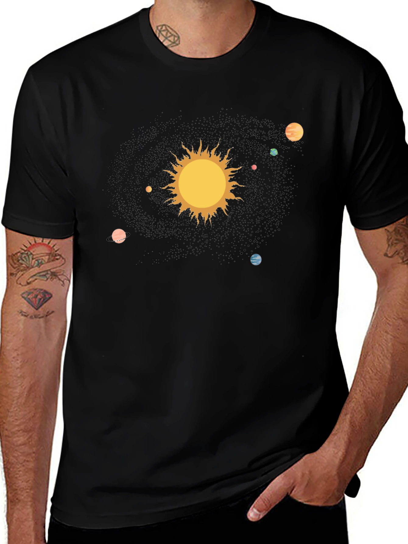 Solar System Graphic Print Black T-Shirt