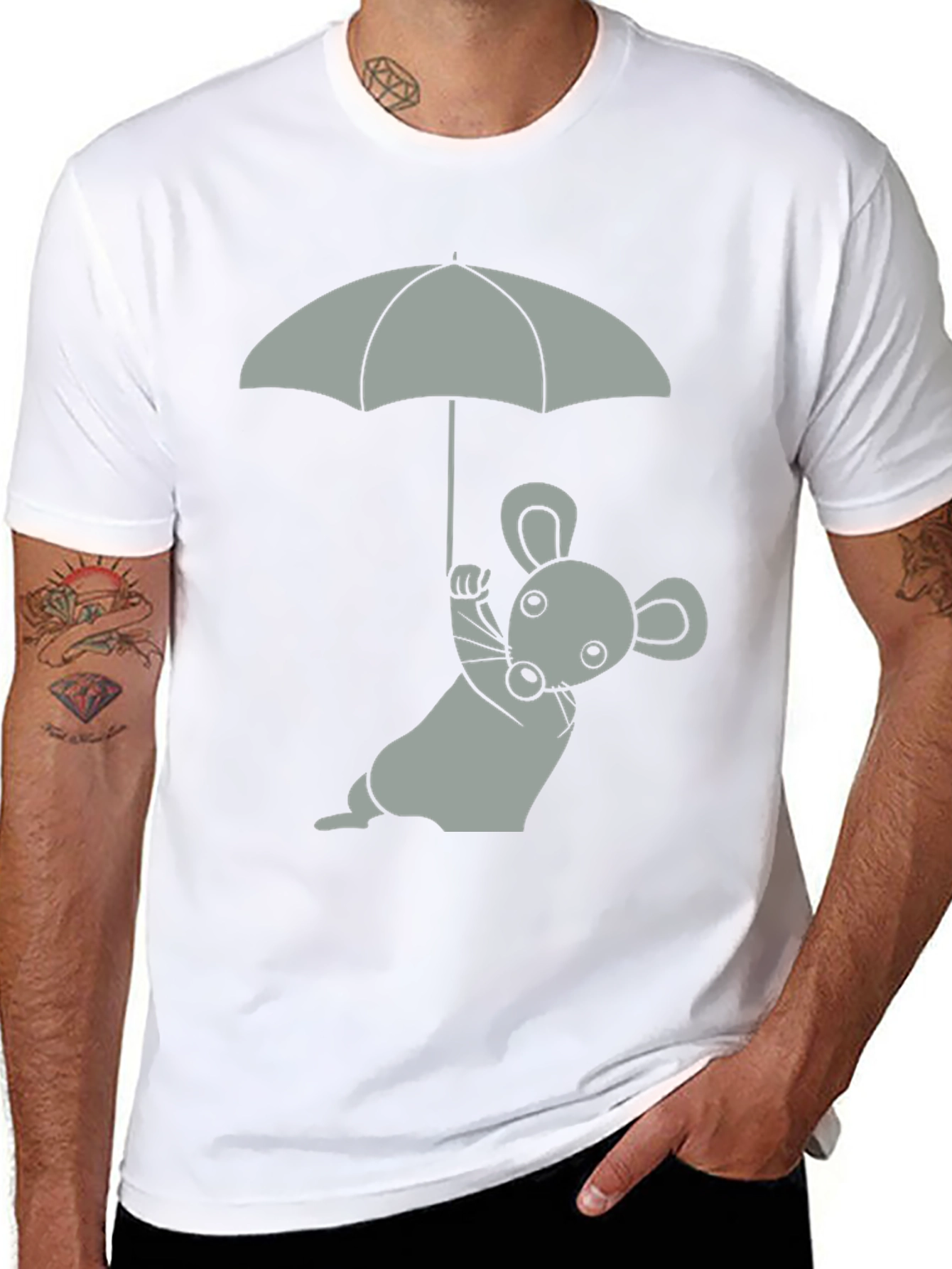 Whimsical Mouse & Umbrella Graphic T-Shirt - Black