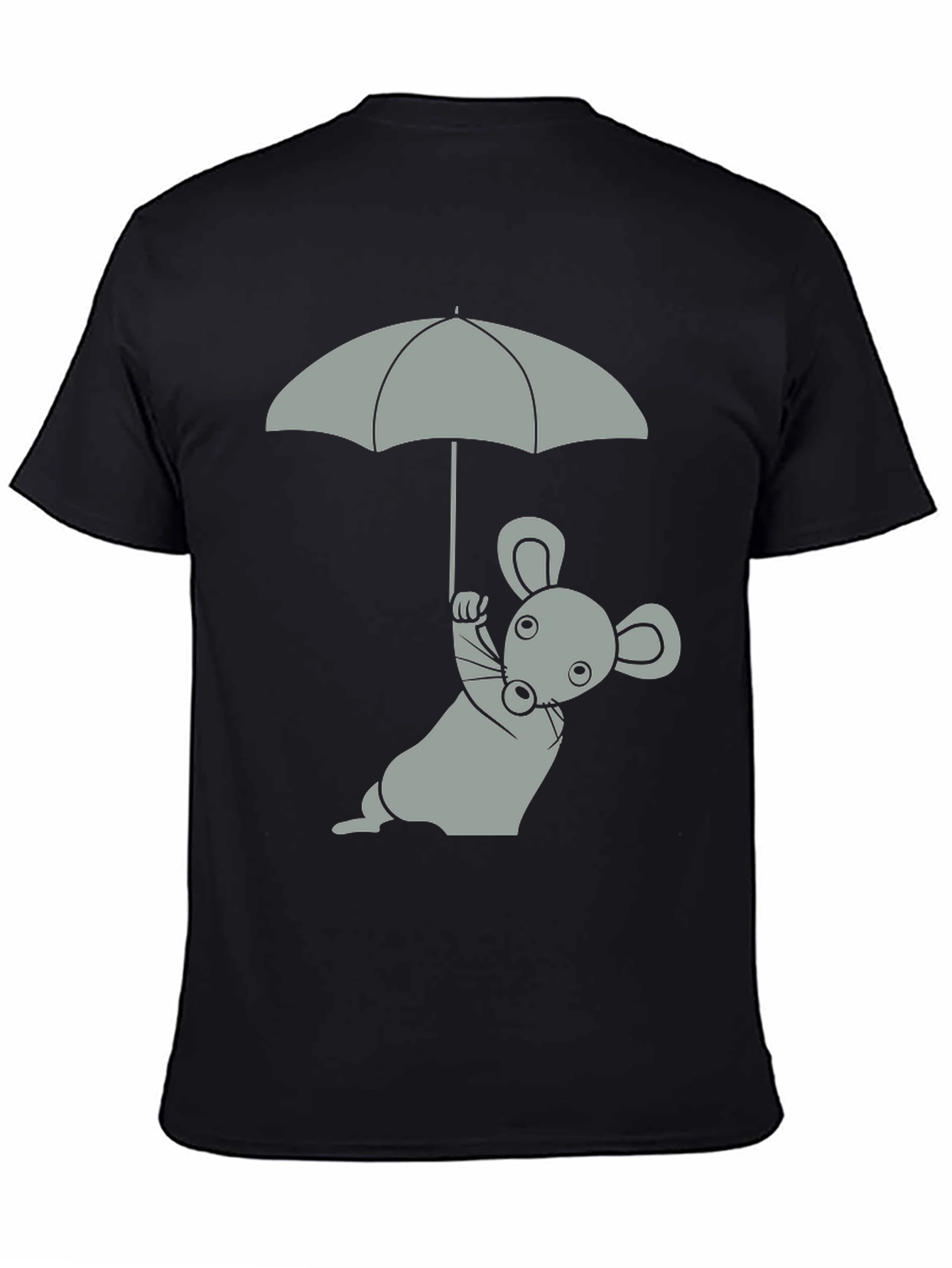 Whimsical Mouse & Umbrella Graphic T-Shirt - Black