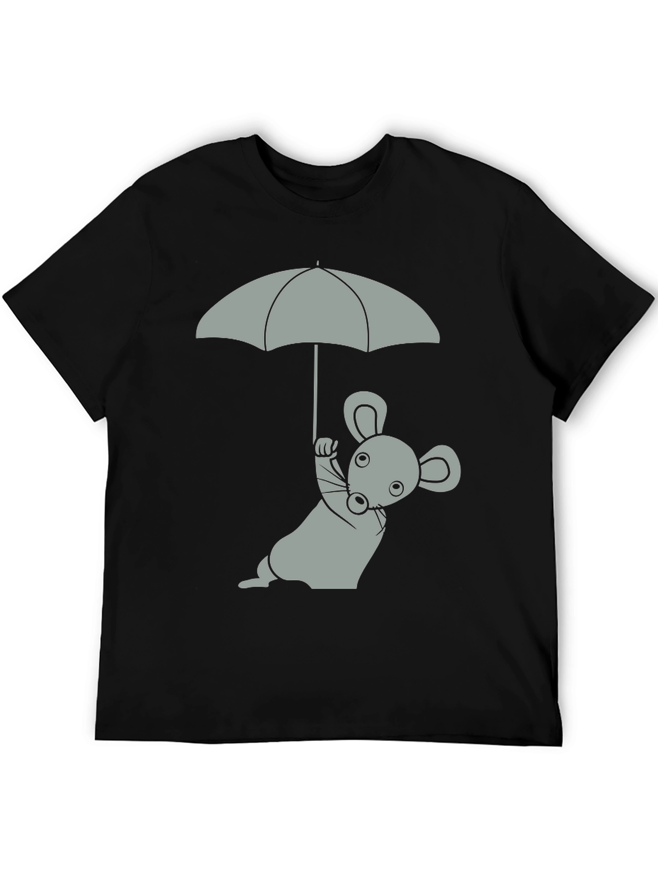 Whimsical Mouse & Umbrella Graphic T-Shirt - Black