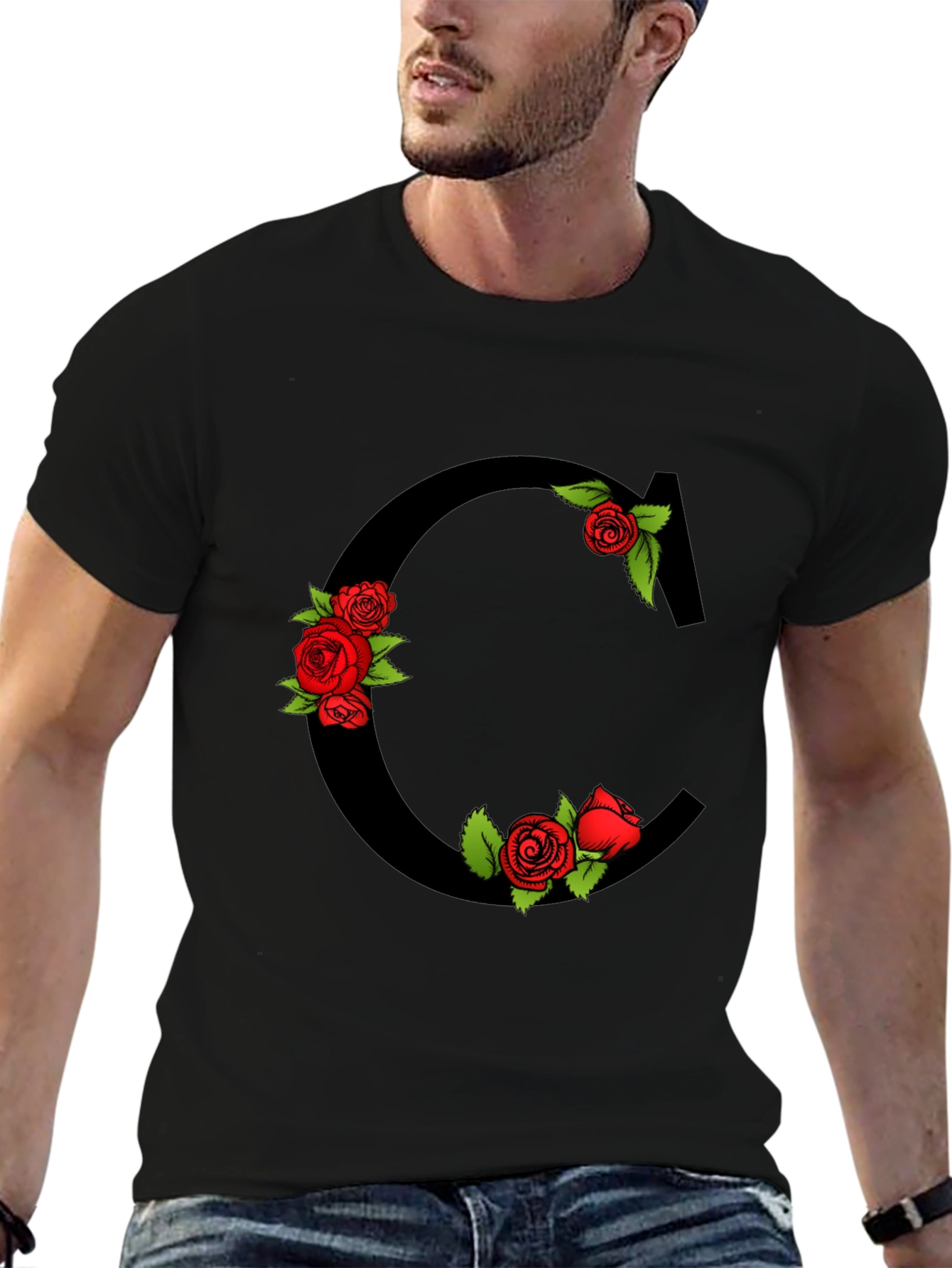 Floral Letter C Black T-Shirt