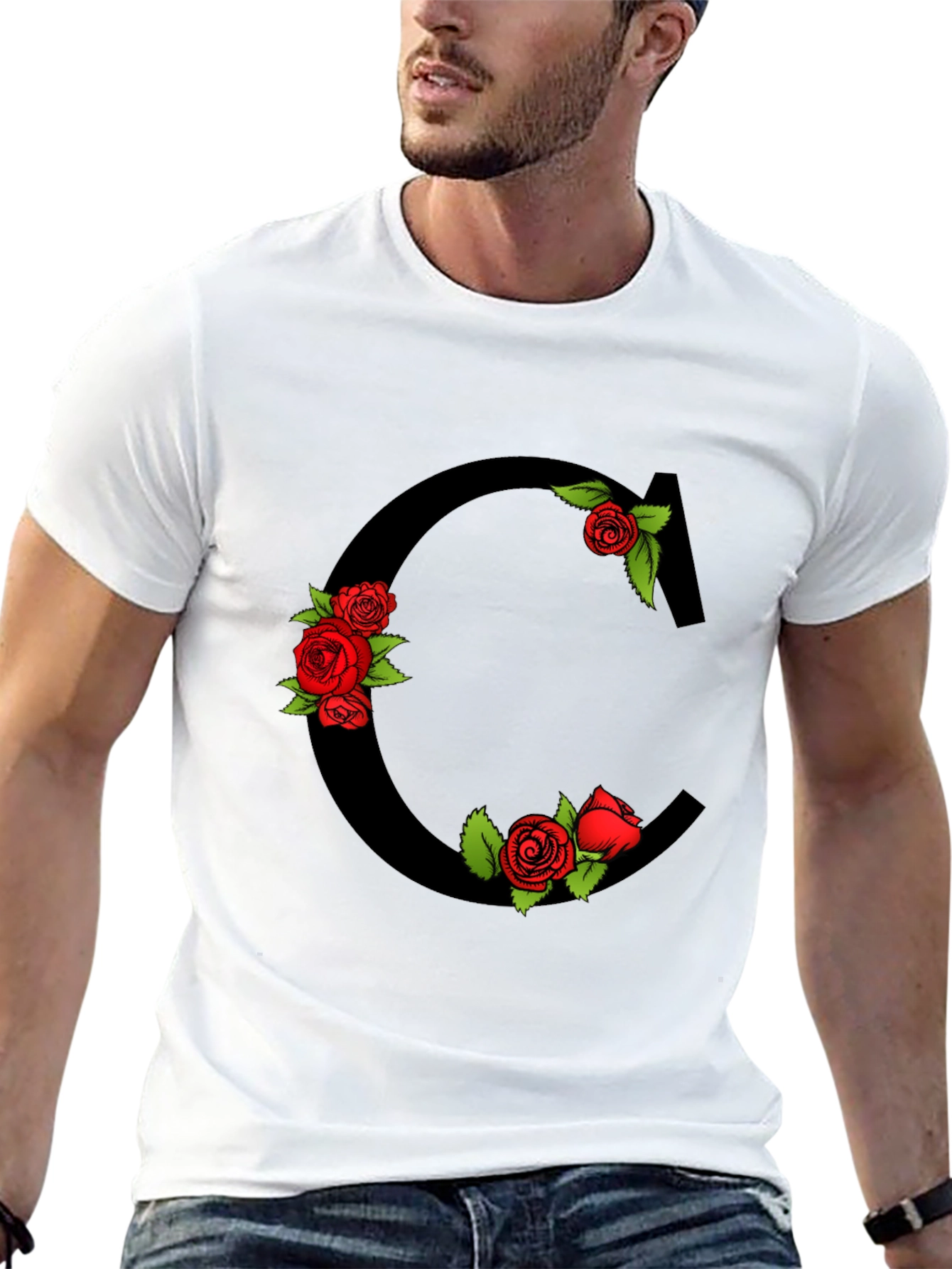 Floral Letter C Black T-Shirt