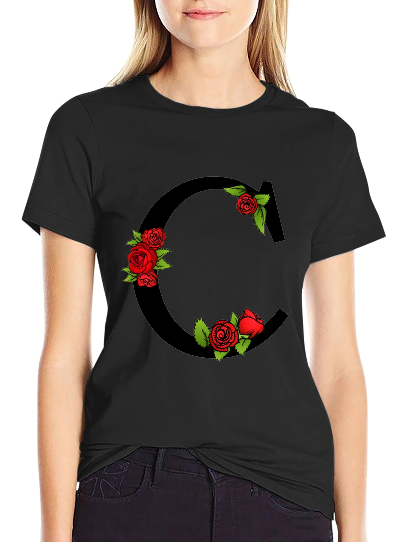 Floral Letter C Black T-Shirt